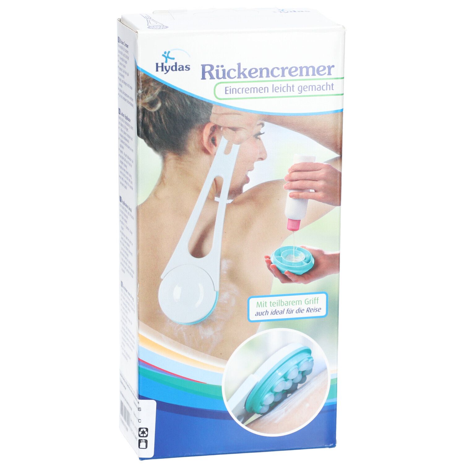 Verpackung der Hydas Rückencremer. Produktabbildung mit Cremehilfe und Frau. Text: Rückencremer, Eincremen leicht gemacht.