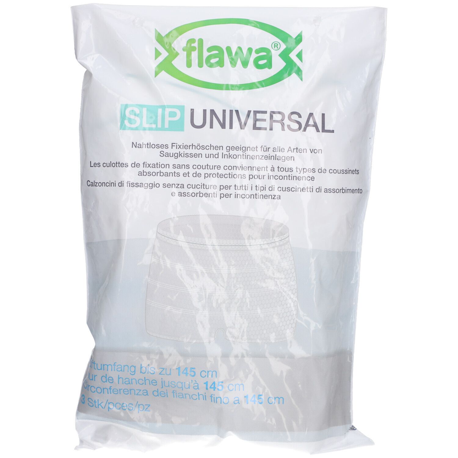Sachet blanc avec impression. Texte: flawa®, SLIP UNIVERSAL, culottes de fixation. Tour de hanches jusqu'à 145 cm.