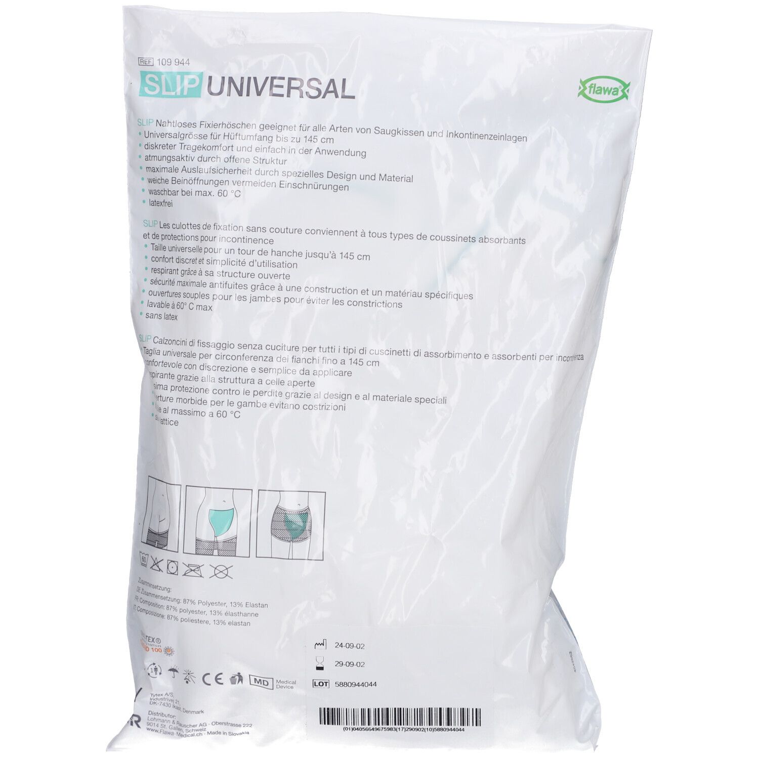 Dos d'un sachet blanc. Texte: flawa®, SLIP UNIVERSAL, tour de hanches jusqu'à 145 cm. Pictogrammes: lavage, température.