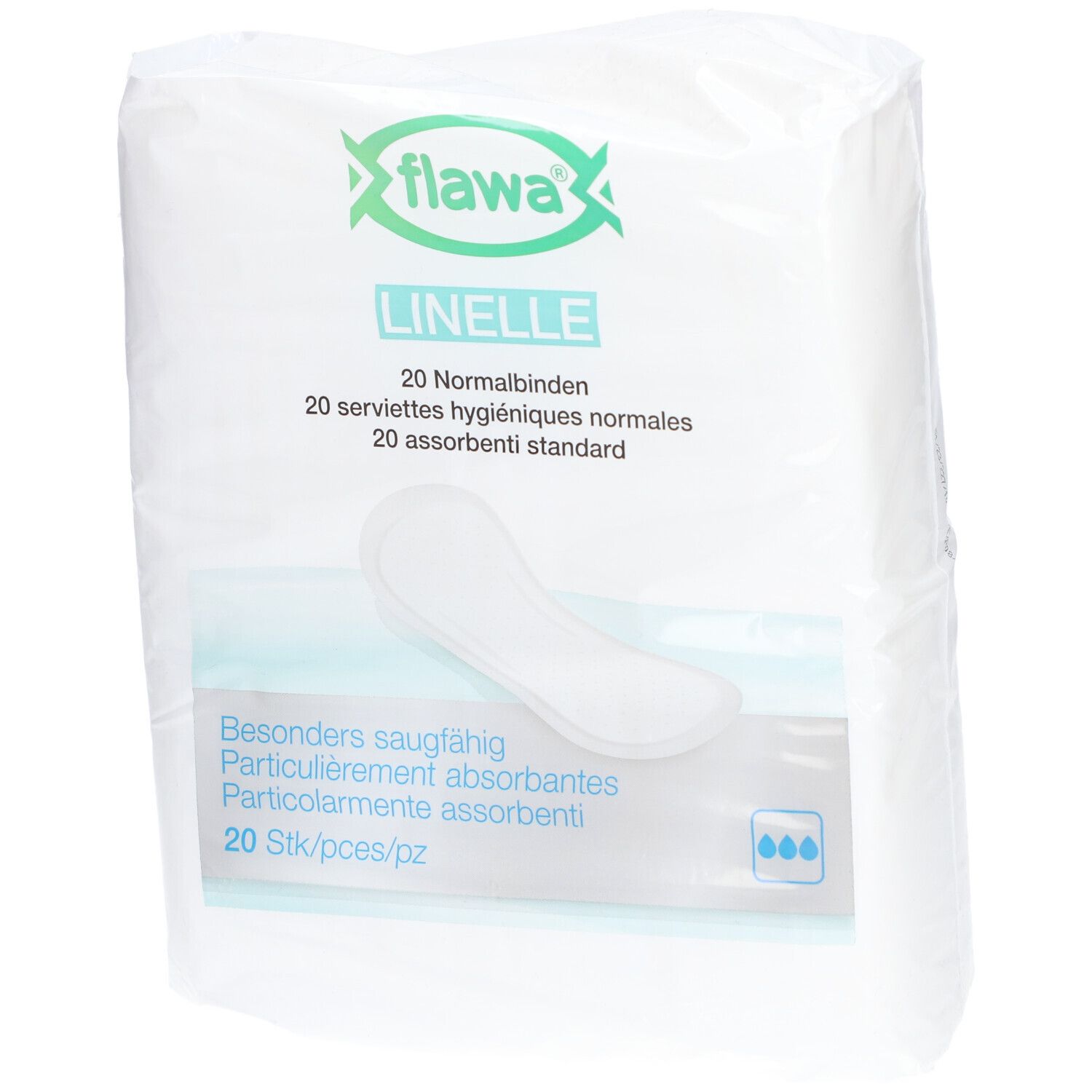 Emballage de serviettes hygiéniques Flawa Linelle Normale. 20 pièces. Logo, nom du produit et description visibles.