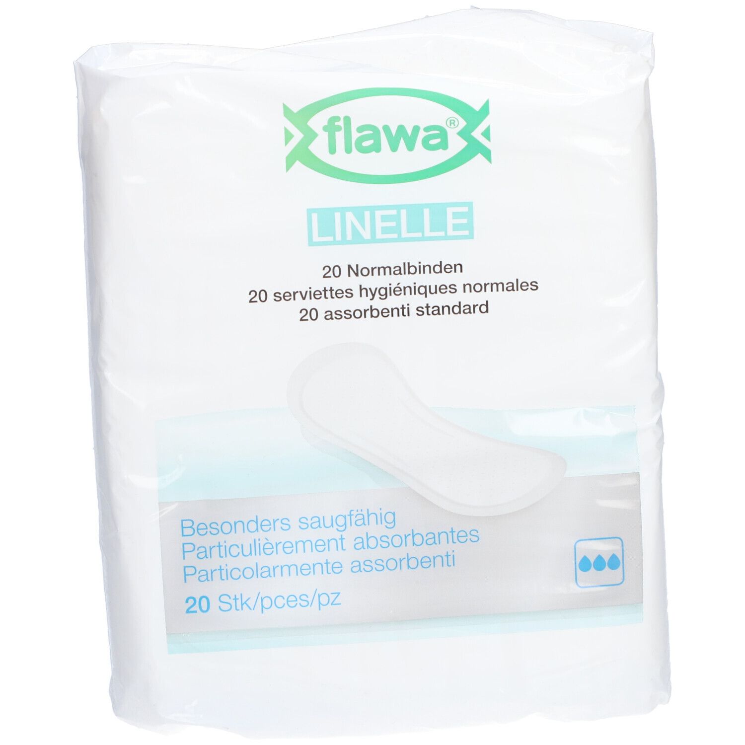 Emballage de serviettes hygiéniques Flawa Linelle Normale. 20 pièces. Logo, nom et description visibles.