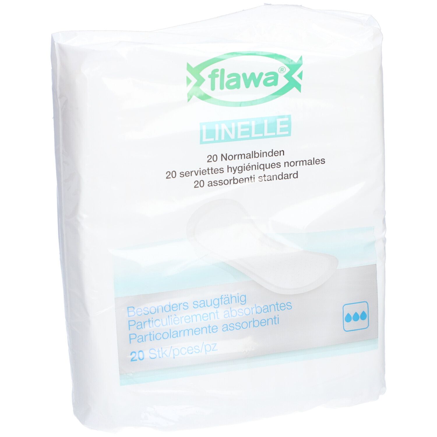 Emballage de serviettes hygiéniques Flawa Linelle Normale. 20 pièces. Logo, nom et description visibles.