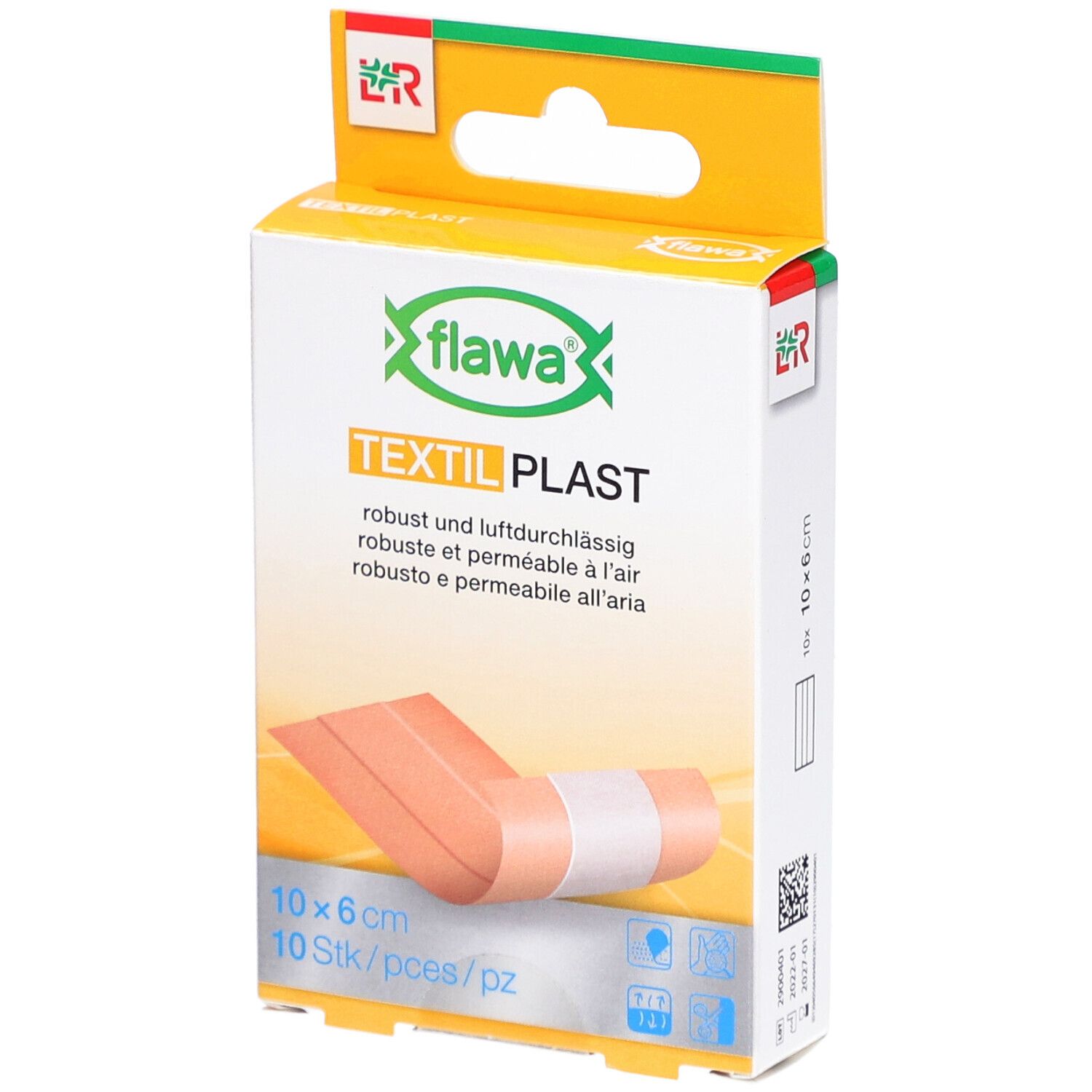 Verpackung mit Pflastern. Aufschrift: Textil Plast, 10 x 6 cm. Zeigt ein Pflaster. Gelb-weiße Verpackung.