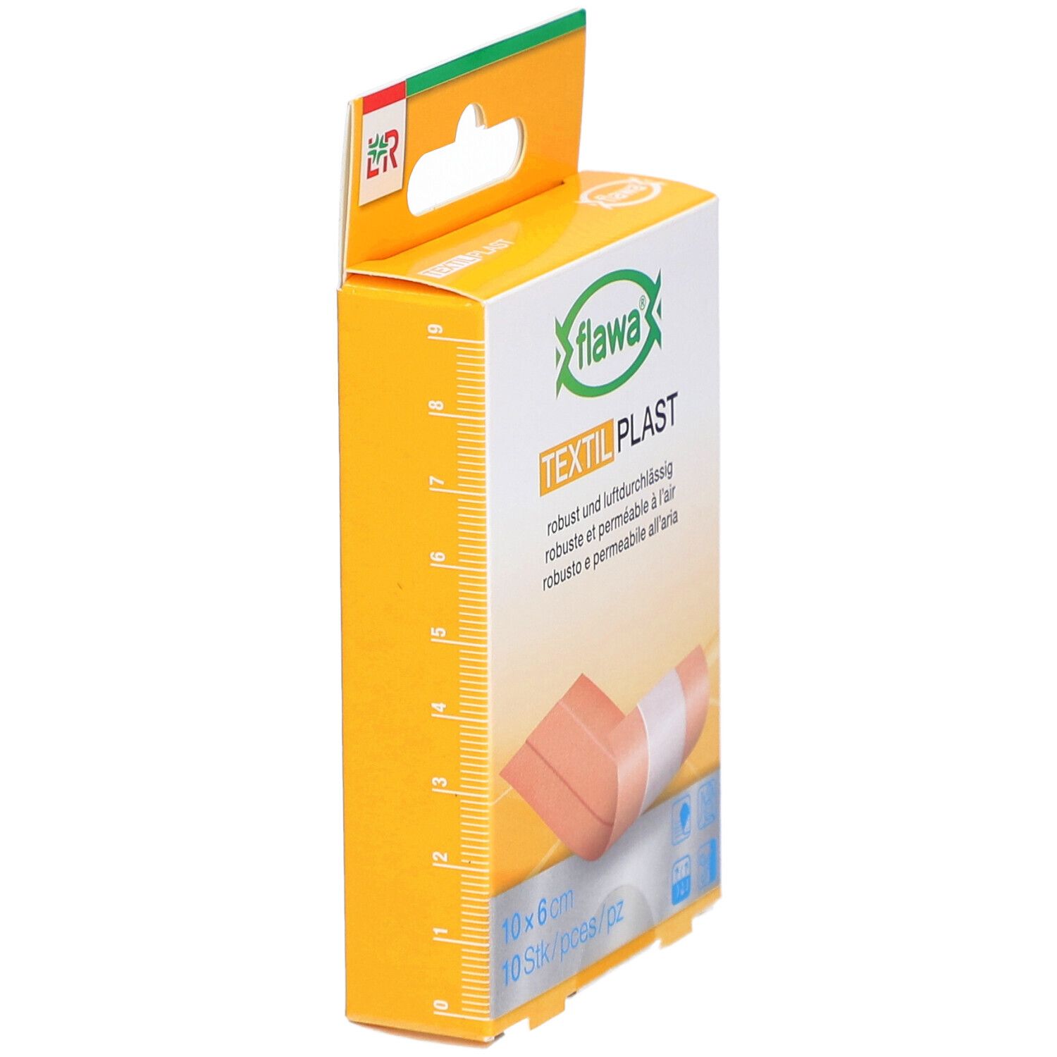 Verpackung mit Pflastern. Aufschrift: Textil Plast, 10 x 6 cm. Gelb-weiße Verpackung, Seitenansicht.