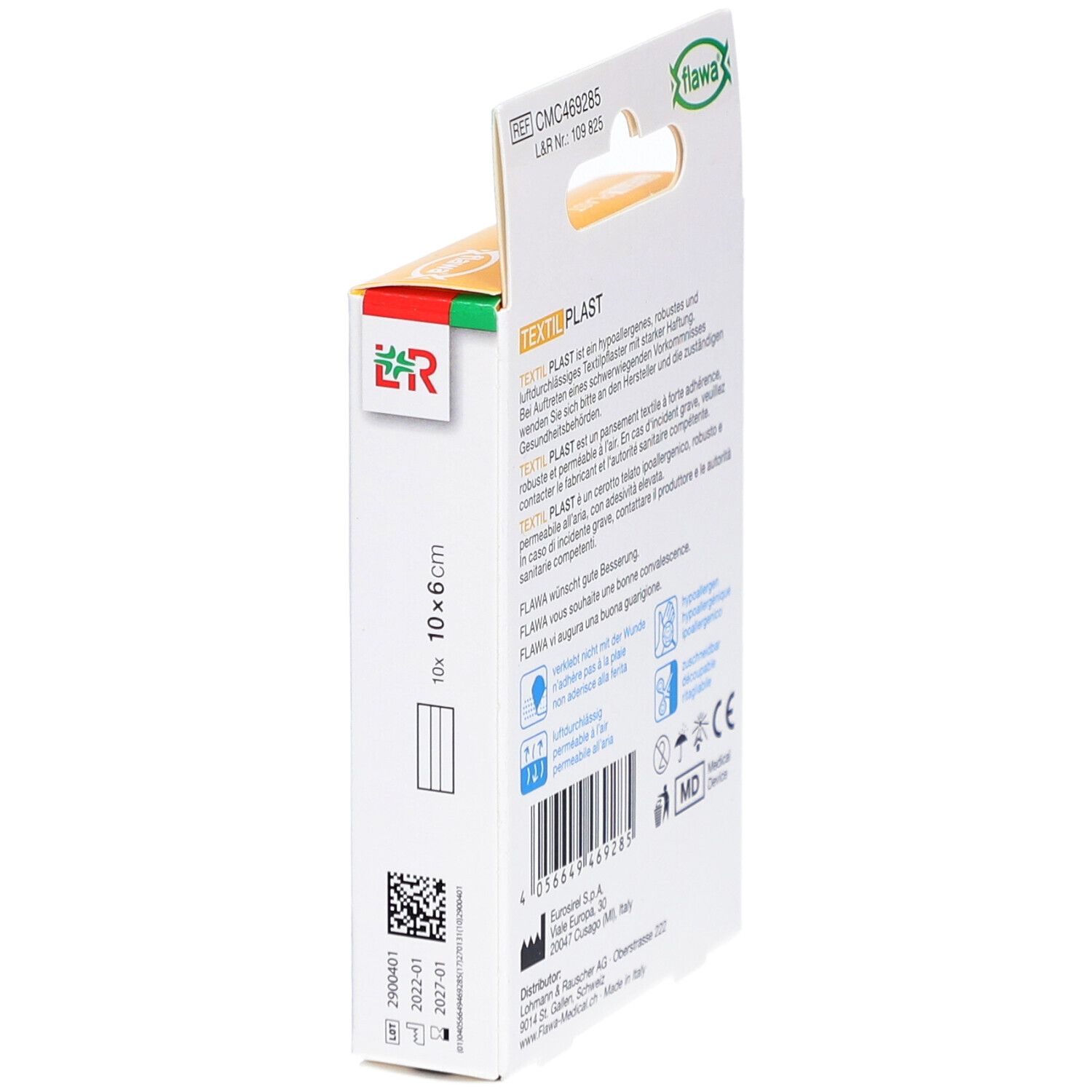 Seitenansicht der Pflasterverpackung. Text und Logos. Medizinprodukt-Kennzeichnung. Gelb-weiße Verpackung.