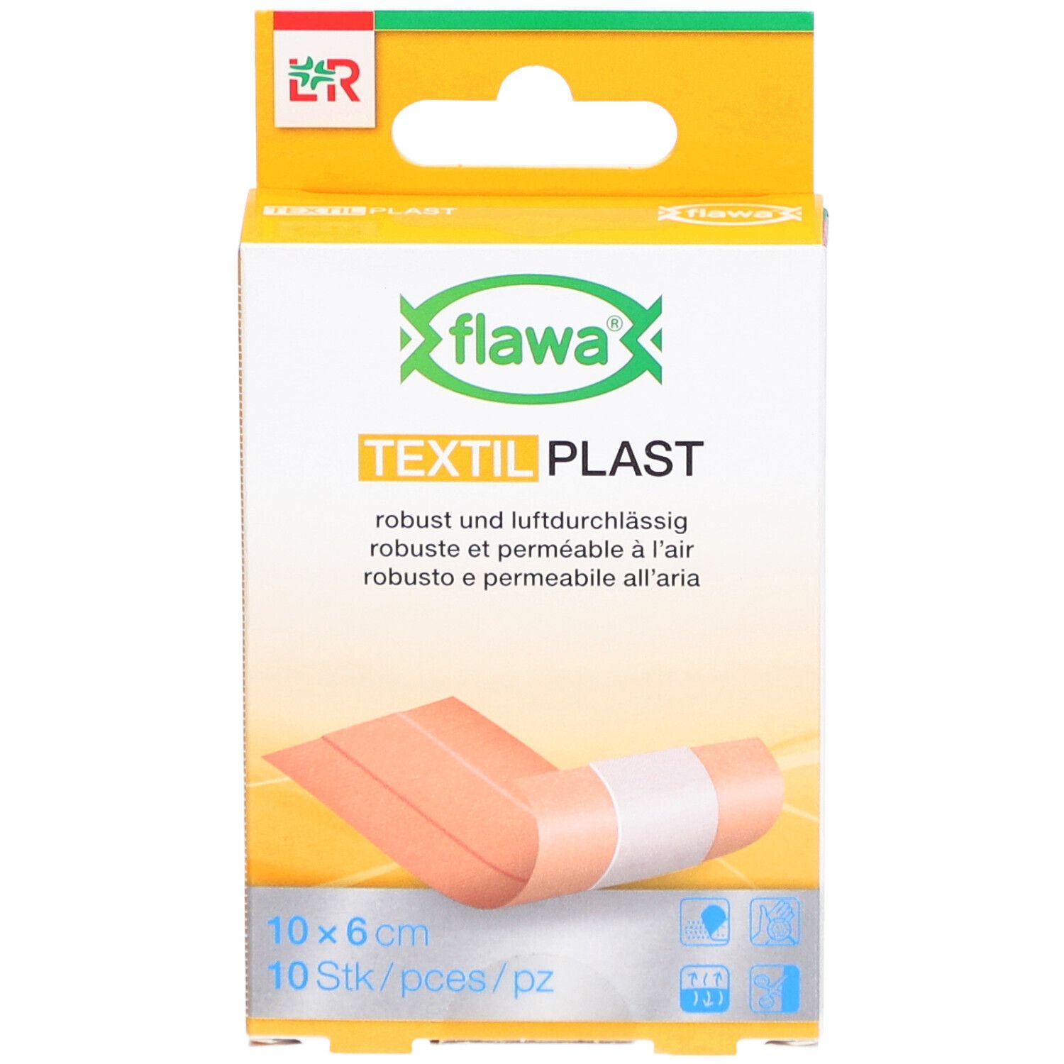 Verpackung mit Pflastern. Aufschrift: Textil Plast, 10 x 6 cm. Zeigt ein Pflaster. Gelb-weiße Verpackung.