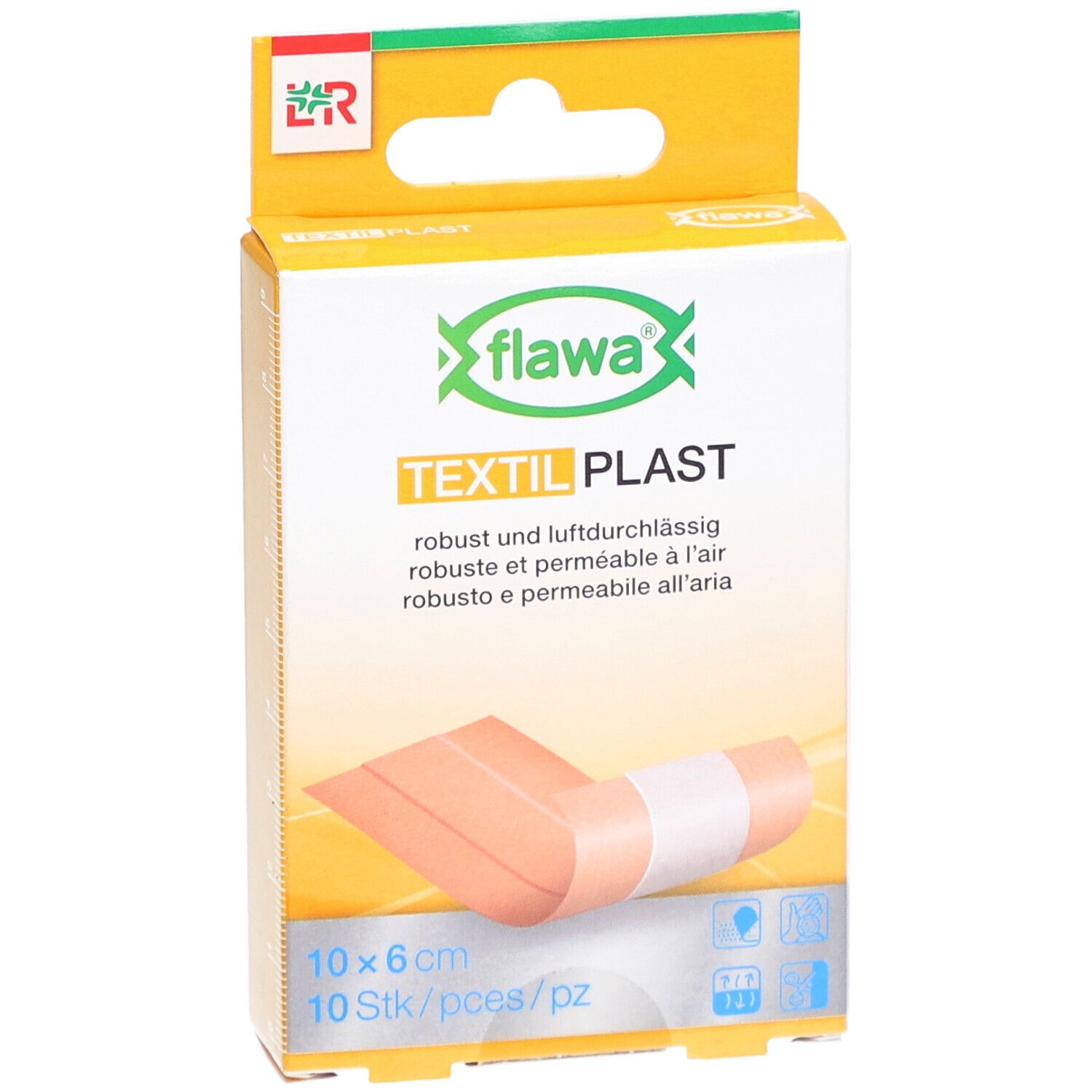 Verpackung mit Pflastern. Aufschrift: Textil Plast, 10 x 6 cm. Zeigt ein Pflaster. Gelb-weiße Verpackung.