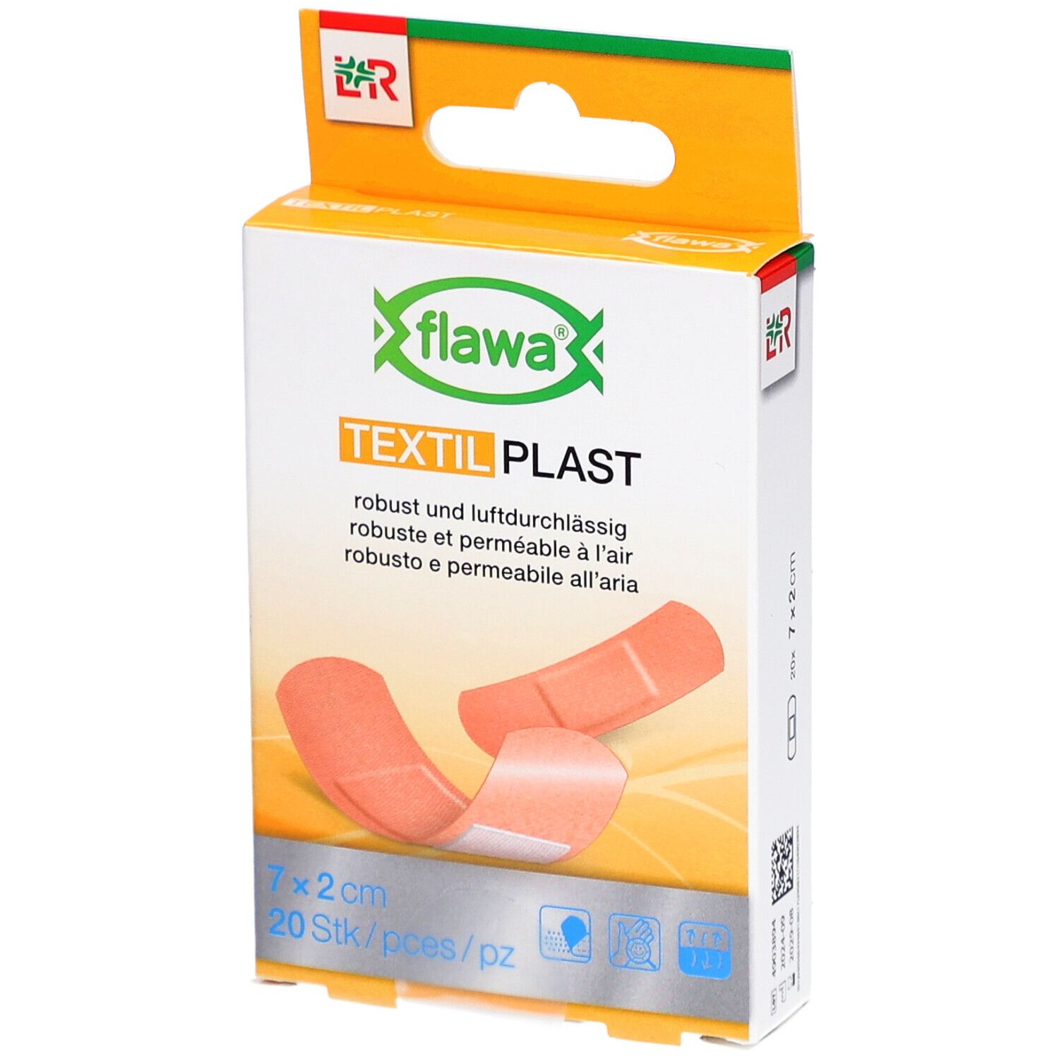 Verpackung mit FLAWA Textil Plast Pflastern. 20 Stück, 7x2 cm. Orangefarbene Pflaster abgebildet.