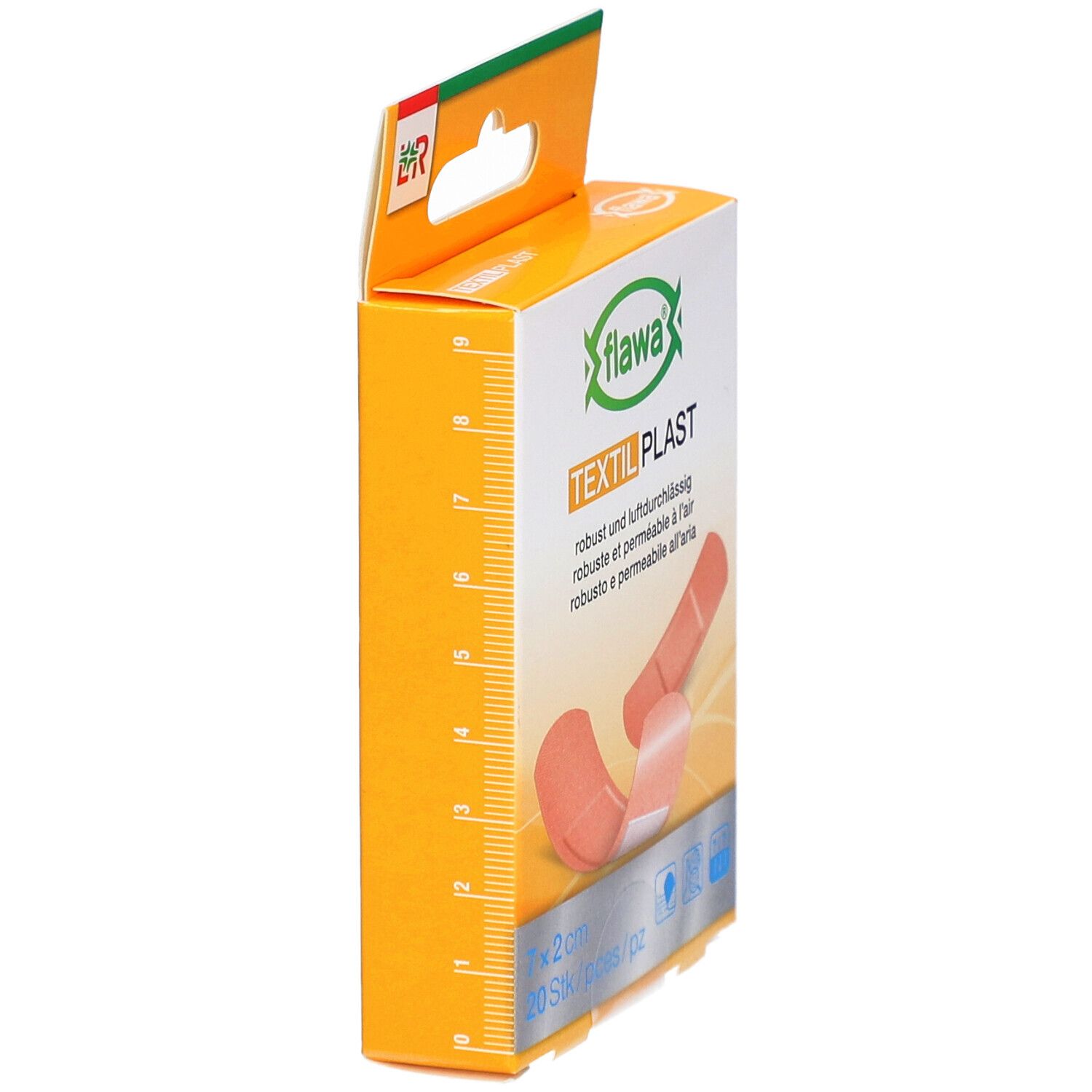 Verpackung FLAWA Textil Plast, Seitenansicht. Orangefarbene Pflaster, Maßangaben. Aufhängevorrichtung.