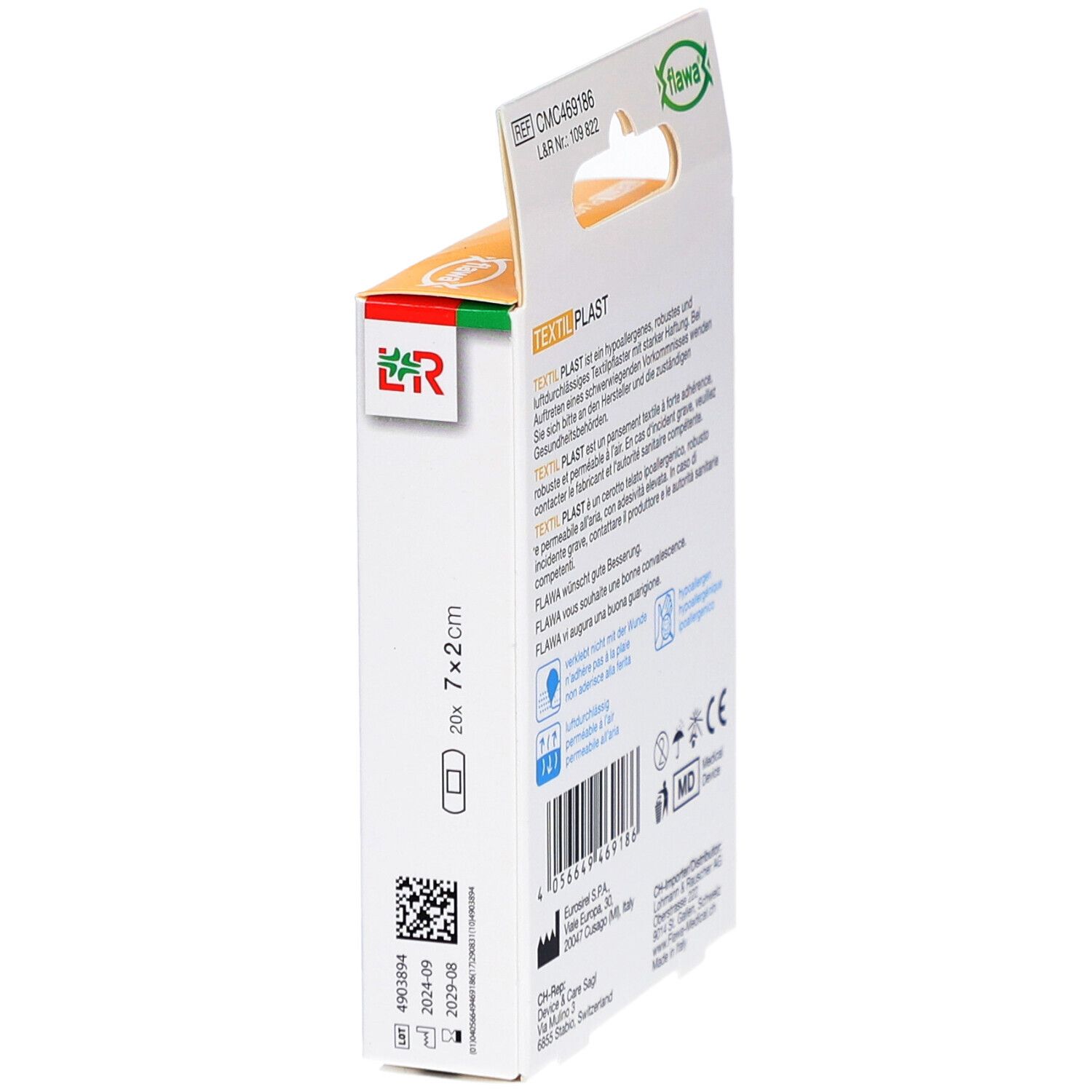 Seitenansicht der Verpackung FLAWA Textil Plast. Text, Pflasterabbildung, Haltbarkeitsdatum.