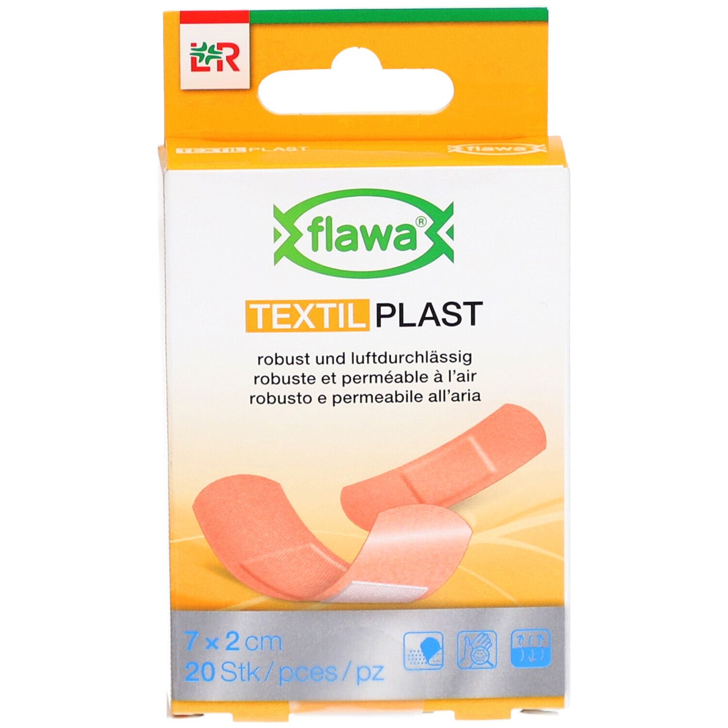Verpackung FLAWA Textil Plast. 20 Pflaster, 7x2 cm. Orangefarbene Pflaster abgebildet.