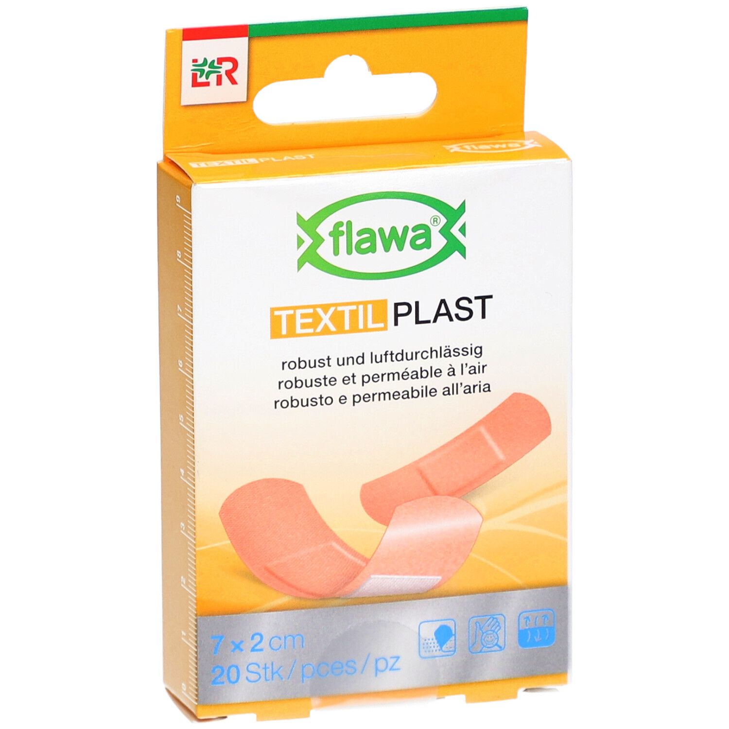 Verpackung FLAWA Textil Plast. 20 Pflaster, 7x2 cm. Orangefarbene Pflaster abgebildet.