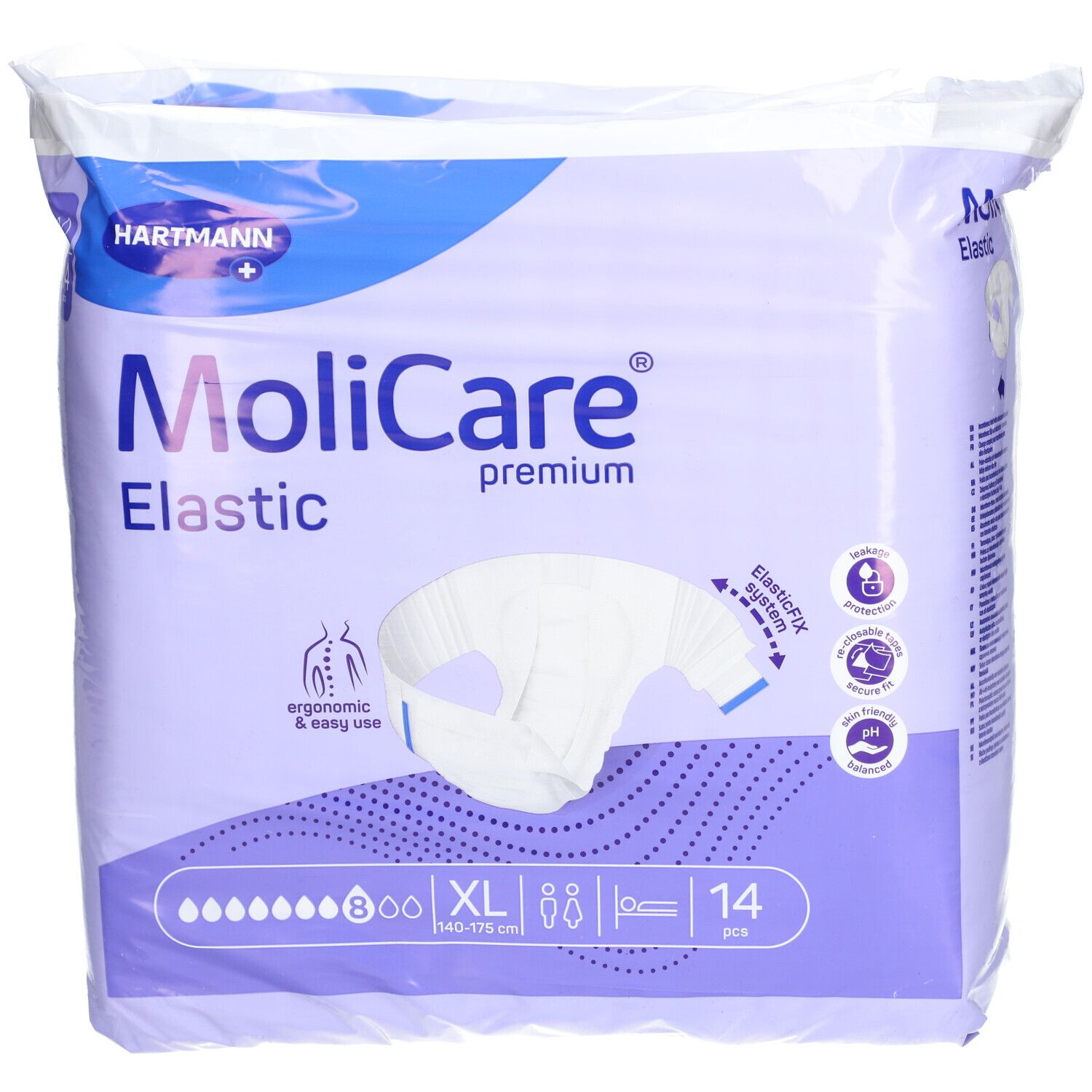 MoliCare® Premium Elastic, XL, 14 pièces. Emballage de produits d'incontinence. Visible : logo, nom du produit, taille, caractéristiques.