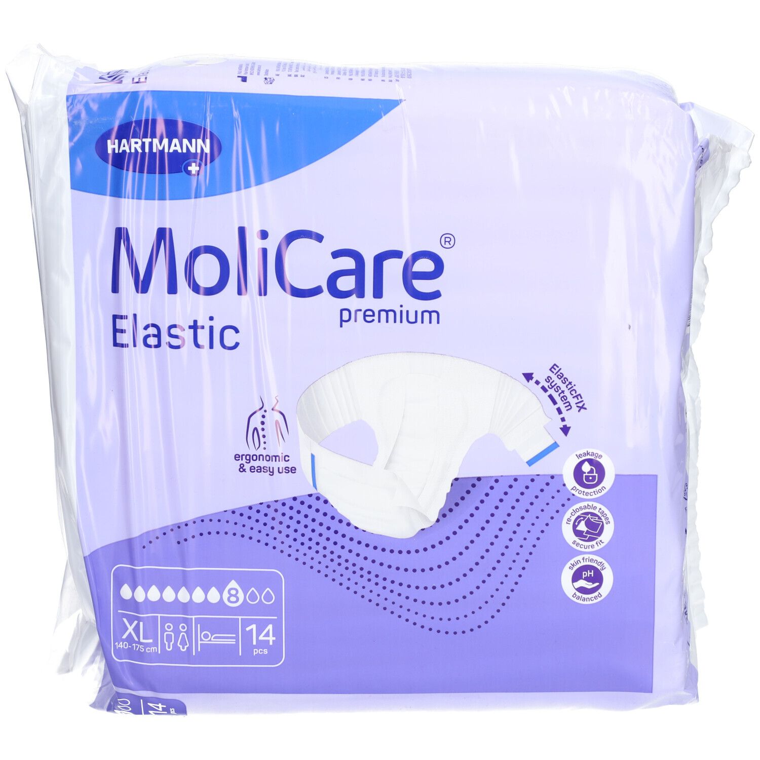 MoliCare® Premium Elastic, XL, 14 pièces. Emballage de produits d'incontinence. Logo, nom du produit, taille, caractéristiques.