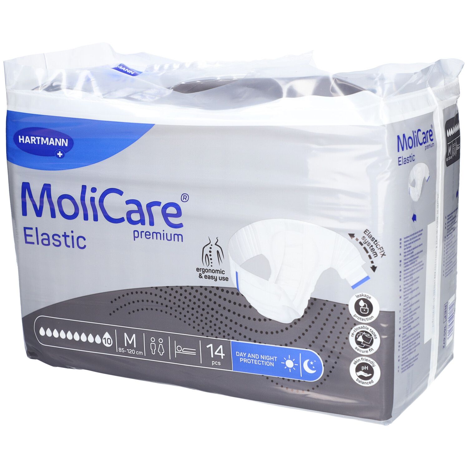 Paquet de slips MoliCare Elastic. Taille M, 14 pièces. Protection jour et nuit. Logo Hartmann.