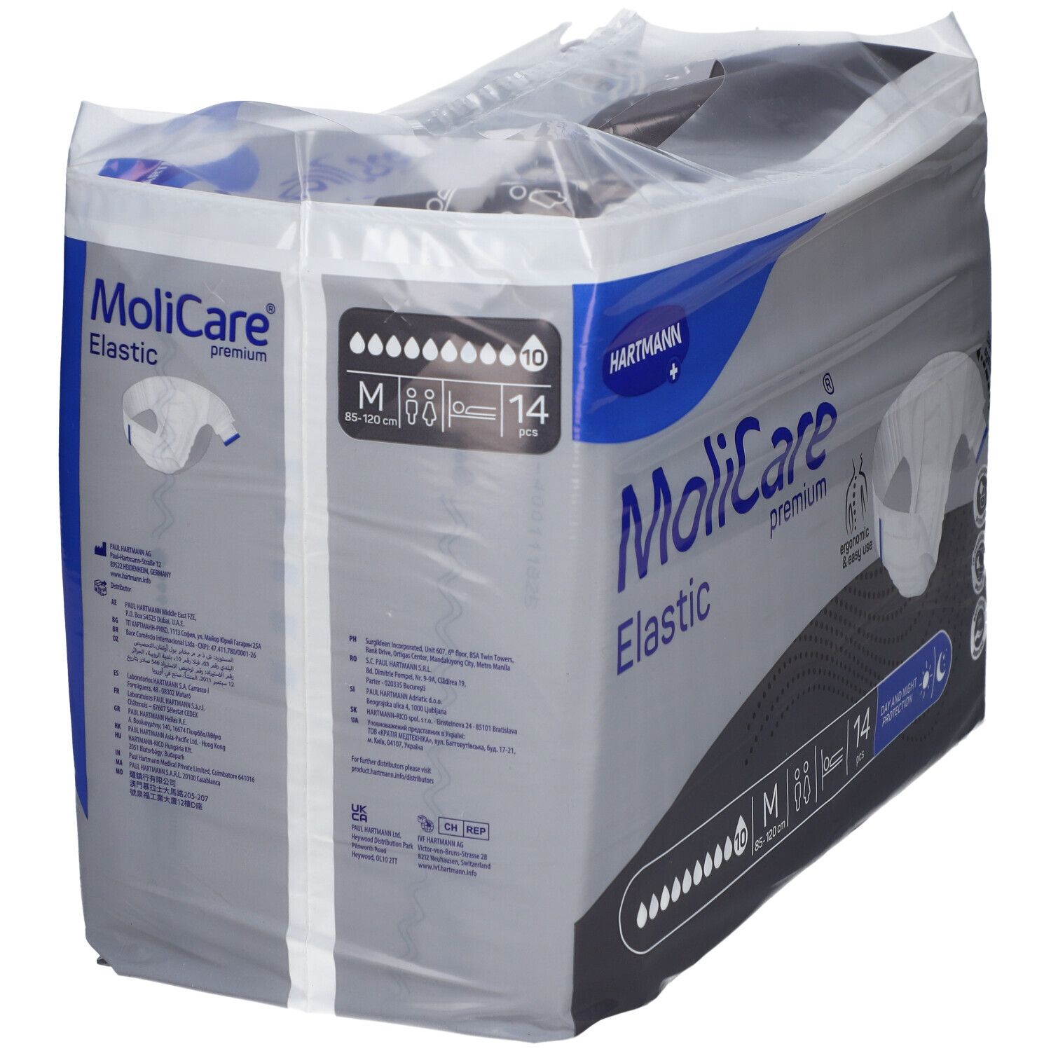 Paquet de slips MoliCare Elastic. Taille M, 14 pièces. Protection jour et nuit. Logo Hartmann.