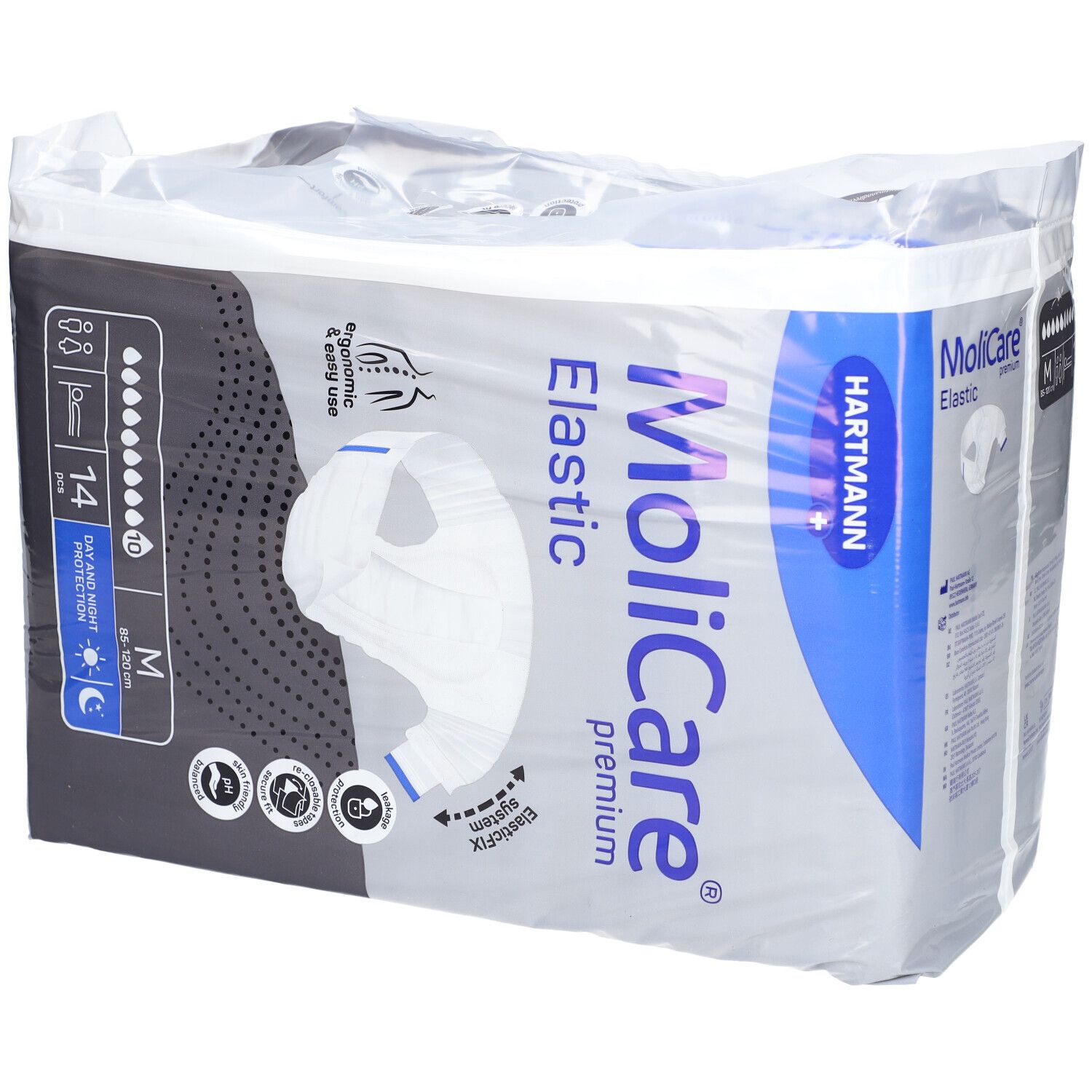 Paquet de slips MoliCare Elastic. Taille M, 14 pièces. Protection jour et nuit. Logo Hartmann.