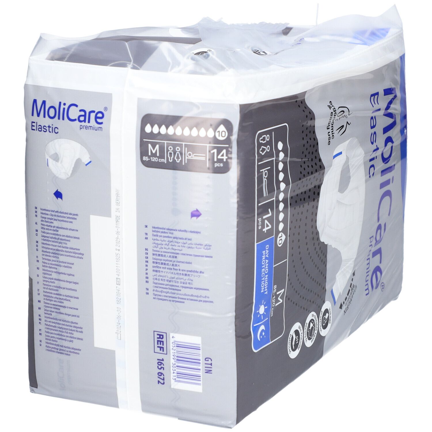 Paquet de slips MoliCare Elastic. Taille M, 14 pièces. Protection jour et nuit. Logo Hartmann.