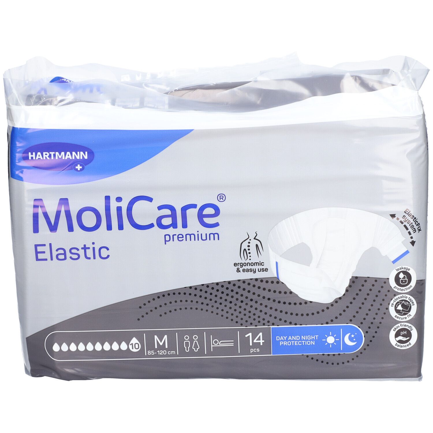Paquet de slips MoliCare Elastic. Taille M, 14 pièces. Protection jour et nuit. Logo Hartmann.
