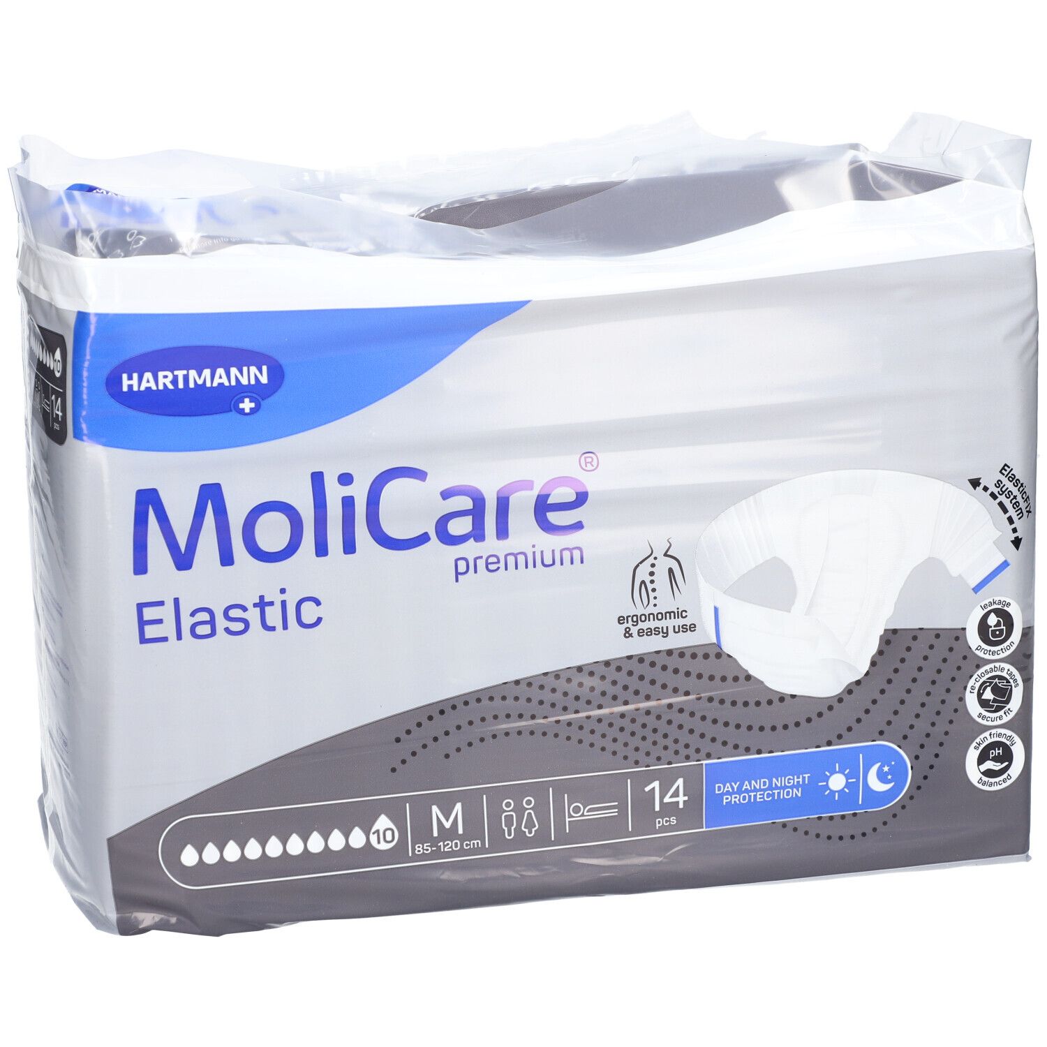 Paquet de slips MoliCare Elastic. Taille M, 14 pièces. Protection jour et nuit. Logo Hartmann.
