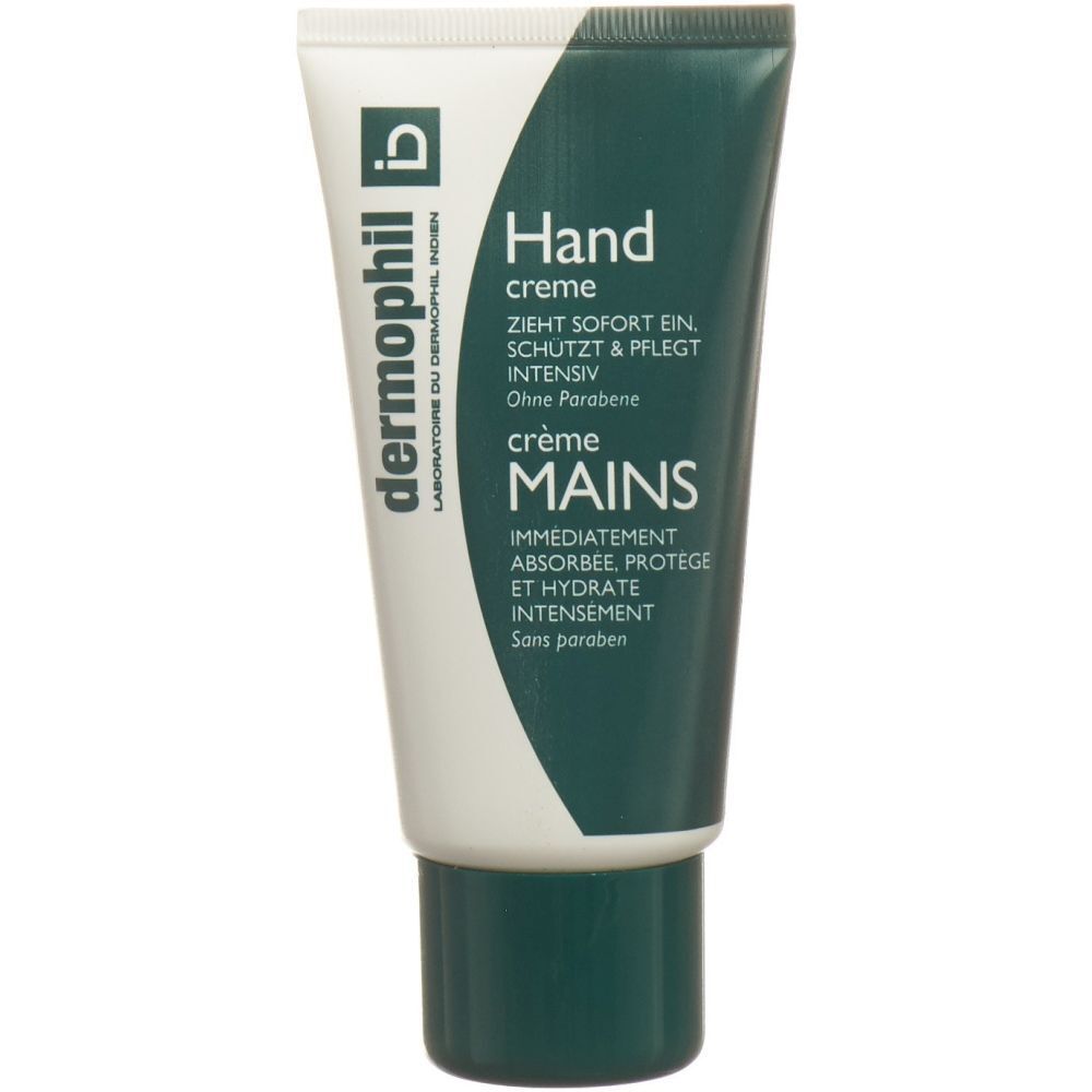 Tube Handcreme, weiß-grün. Schriftzug: dermophil, Handcreme, crème Mains. Ohne Parabene.