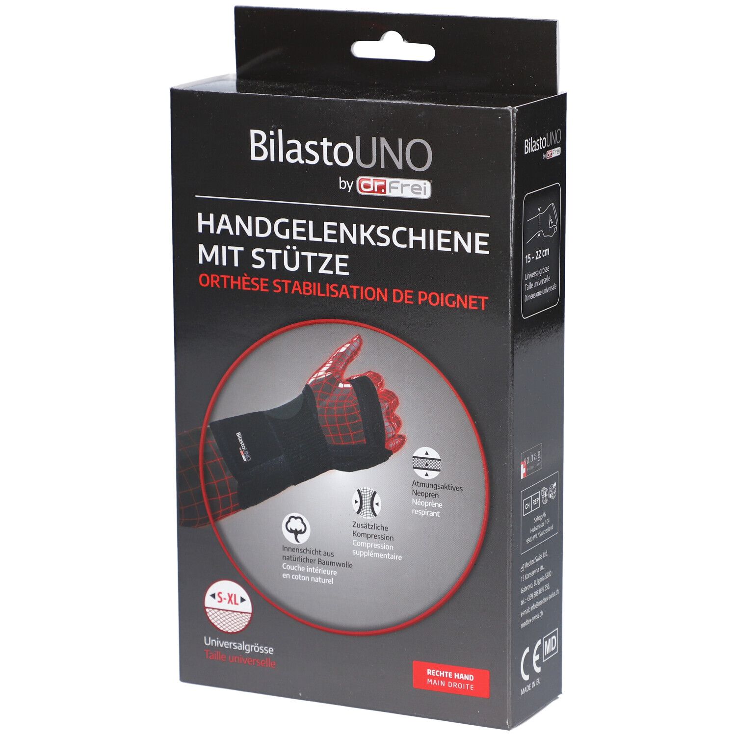 Schwarze Box mit Handgelenkschiene. Text: BilastoUNO, Handgelenkschiene mit Stütze, S-XL, Universalgröße. CE-Zeichen.