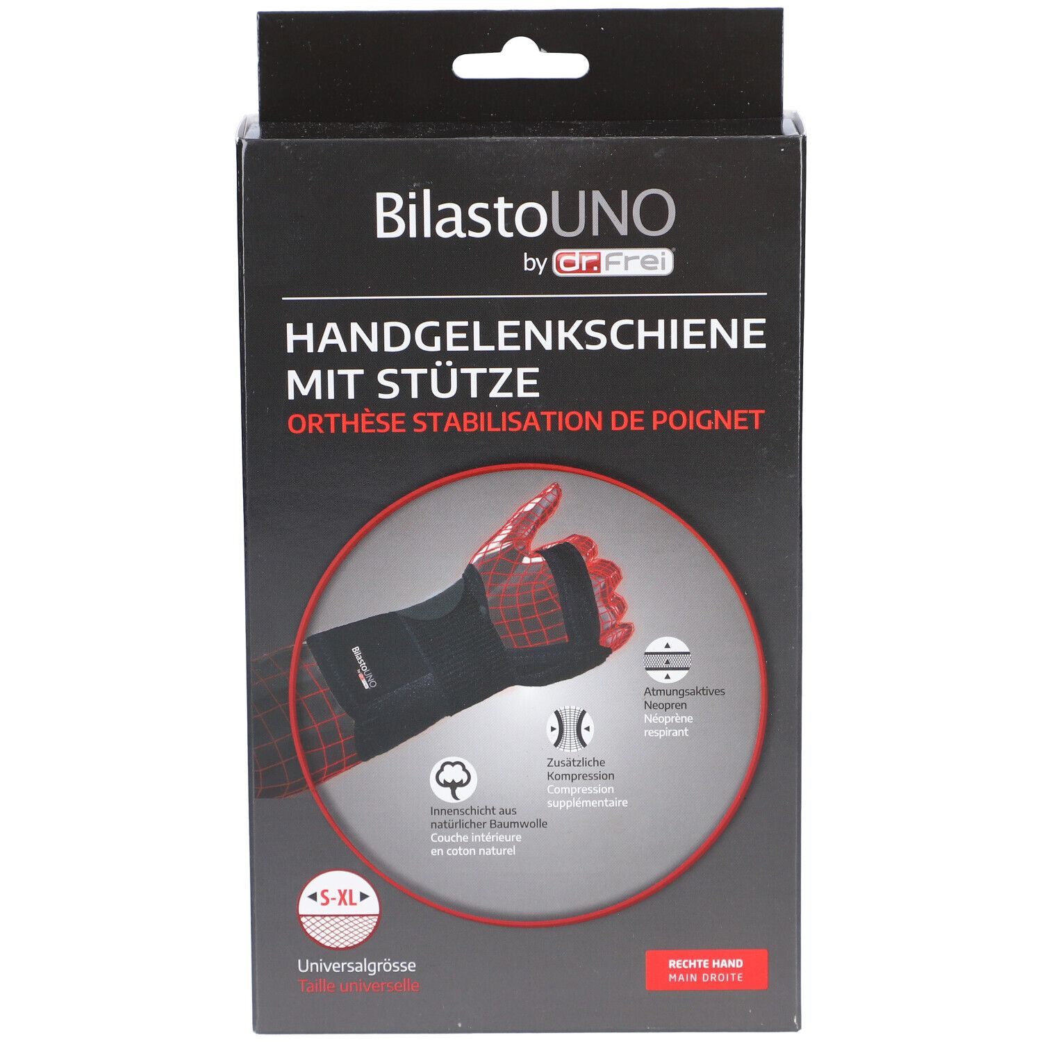 Schwarze Box mit Handgelenkschiene. Text: BilastoUNO, Handgelenkschiene mit Stütze, S-XL, Universalgröße, Rechte Hand.