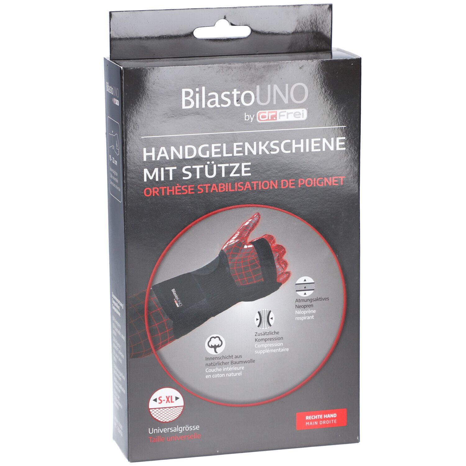 Schwarze Box mit Handgelenkschiene. Text: BilastoUNO, Handgelenkschiene mit Stütze, S-XL, Universalgröße, Rechte Hand.