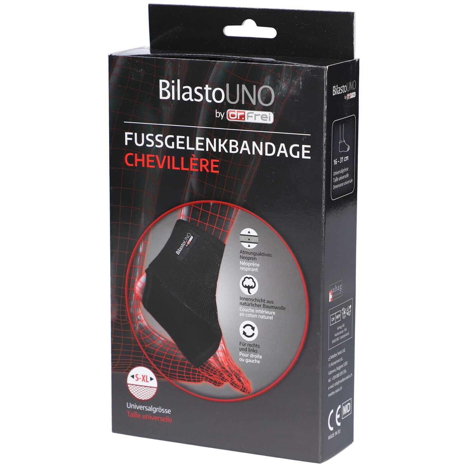 Schwarze Fußgelenkbandage in Verpackung. Text: BilastoUNO, Fussgelenkbandage, S-XL, Universalgröße. CE-Zeichen.
