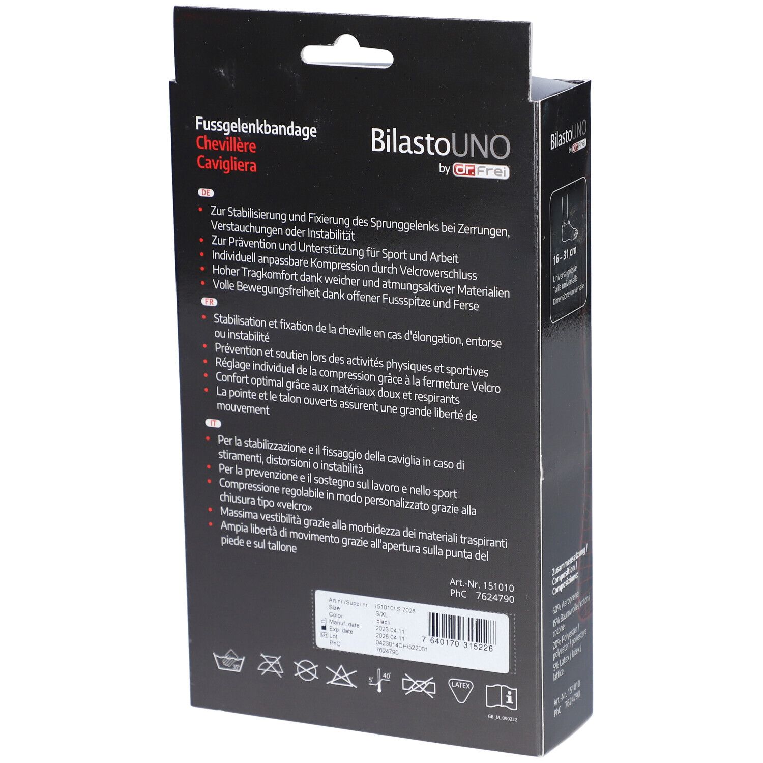 Rückseite der Verpackung. Text: BilastoUNO, Fussgelenkbandage, Chevillère. Produktbeschreibung, CE-Zeichen.