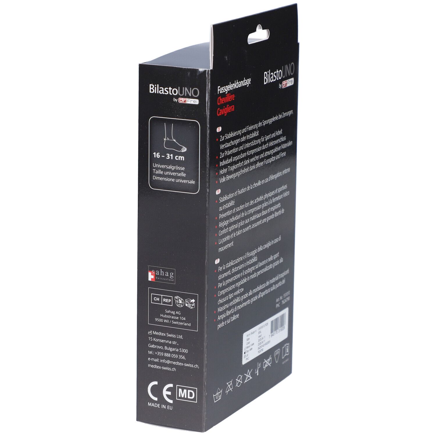 Verpackung der Fußgelenkbandage. Text: BilastoUNO, Fussgelenkbandage, Chevillère. Größenangabe, CE-Zeichen.