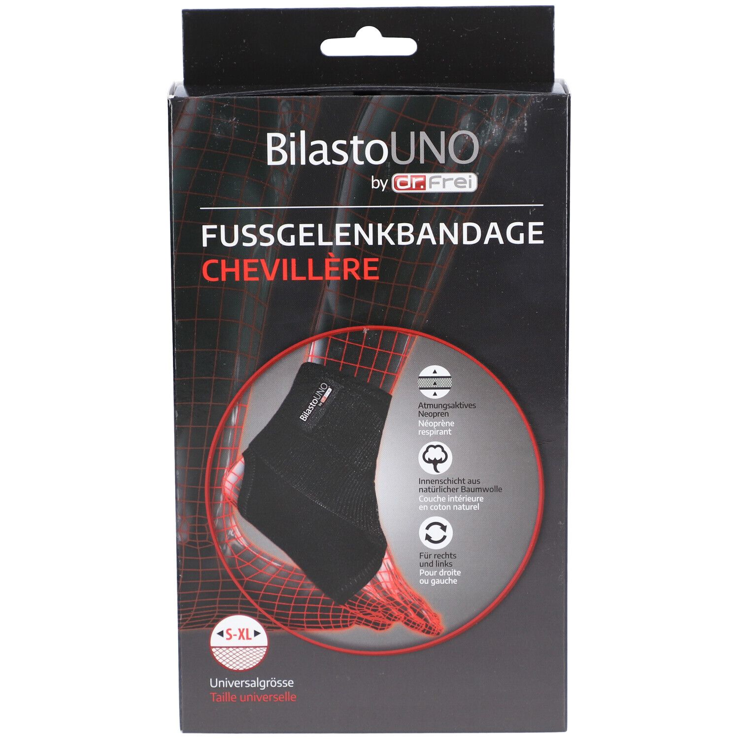 Verpackung der Fußgelenkbandage. Text: BilastoUNO, Fussgelenkbandage, Chevillère, S-XL, Universalgröße. Illustration.