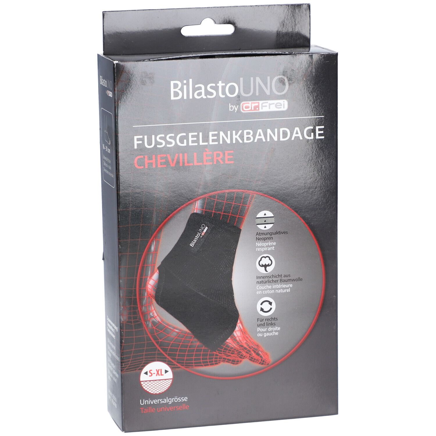 Verpackung der Fußgelenkbandage. Text: BilastoUNO, Fussgelenkbandage, Chevillère, S-XL, Universalgröße. Illustration.