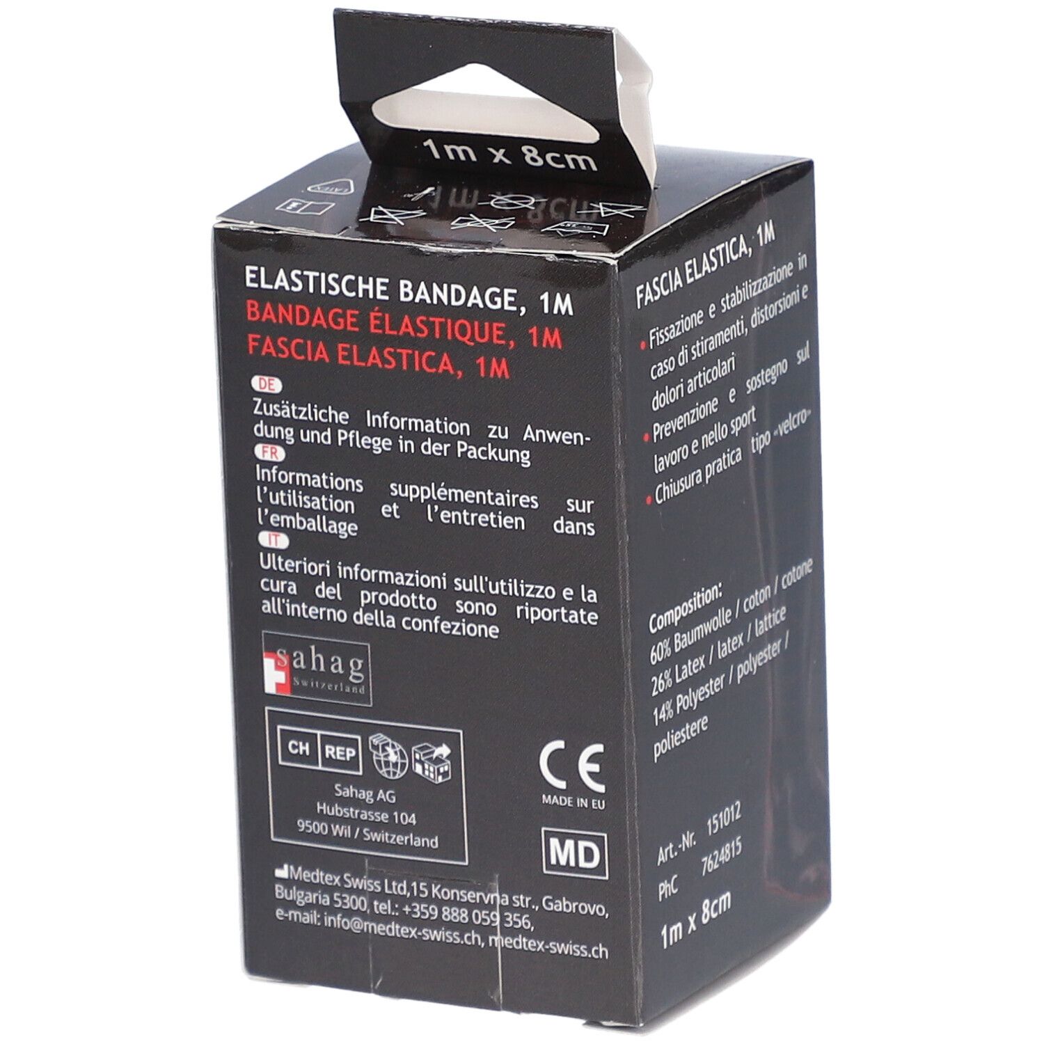 Boîte noire avec texte: Informations supplémentaires sur l'utilisation. Texte: Sahag AG, marquage CE, symbole MD. Illustration d'un pied avec bandage.