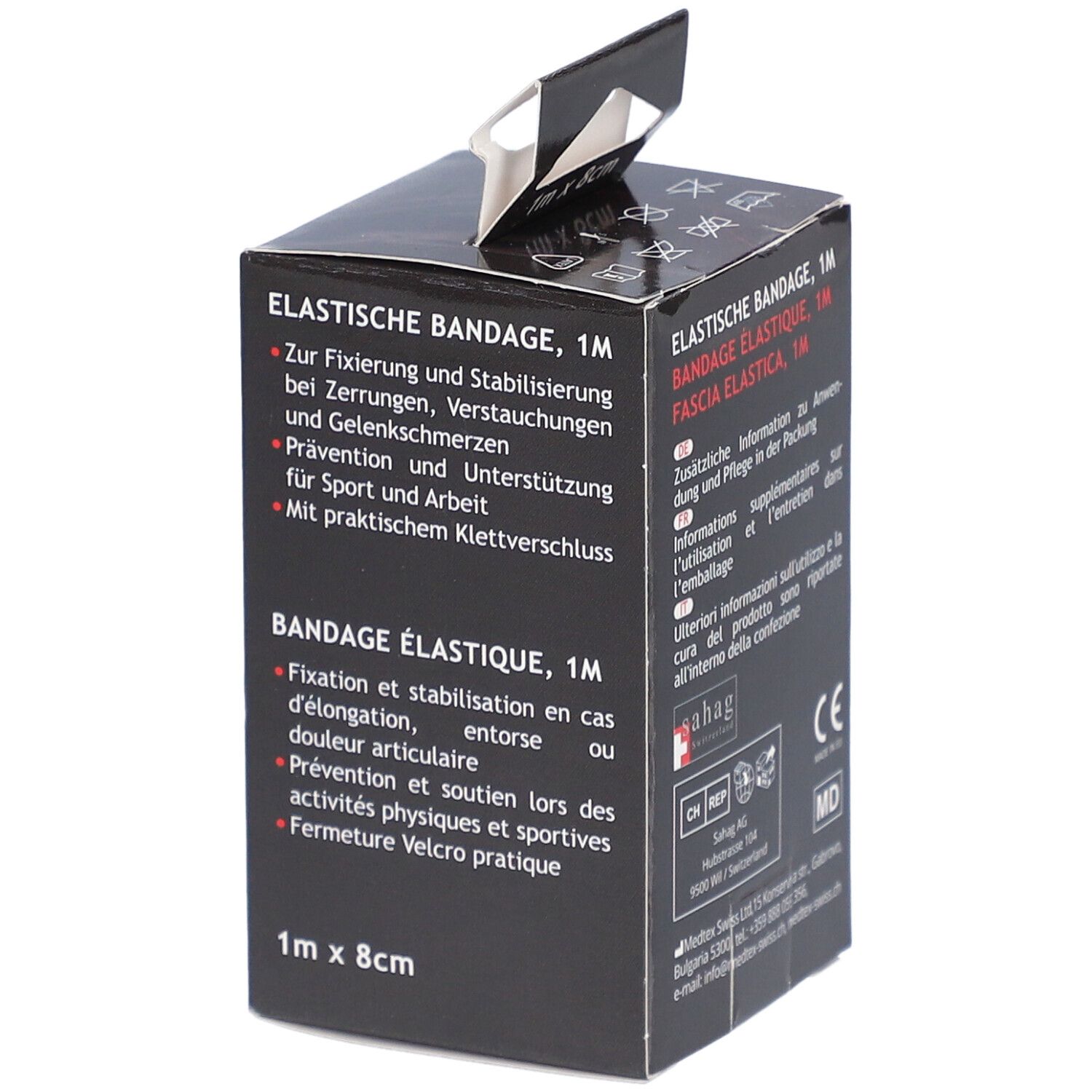 Boîte noire avec texte: Bandage élastique, 1m. Texte: Pour la fixation et la stabilisation. Marquage CE. Illustration d'un pied avec bandage.