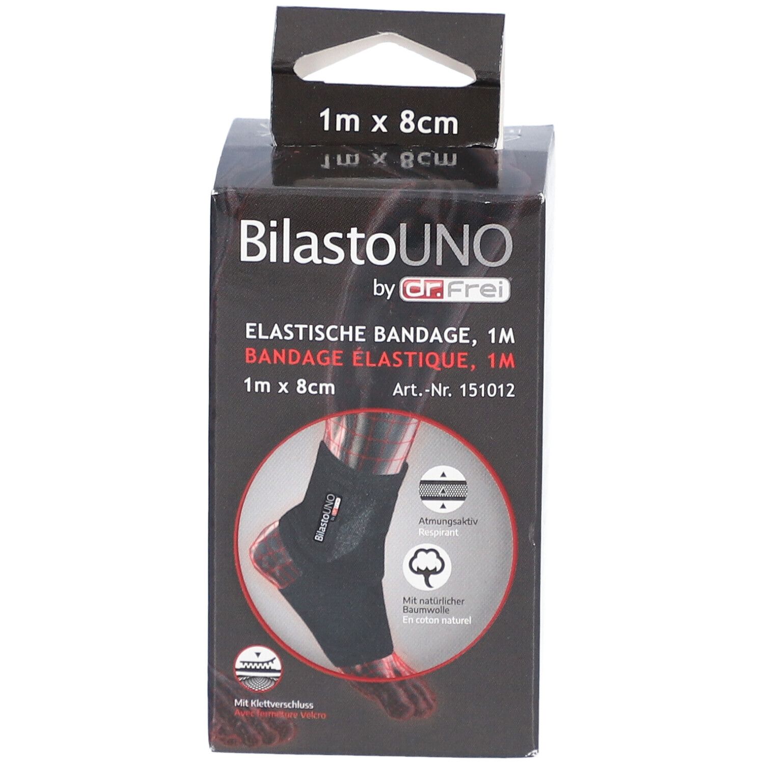 Boîte noire avec logo BilastoUNO et image du produit. Texte: Bandage élastique, 1m x 8cm. Fermeture velcro. Illustration d'un pied avec bandage.
