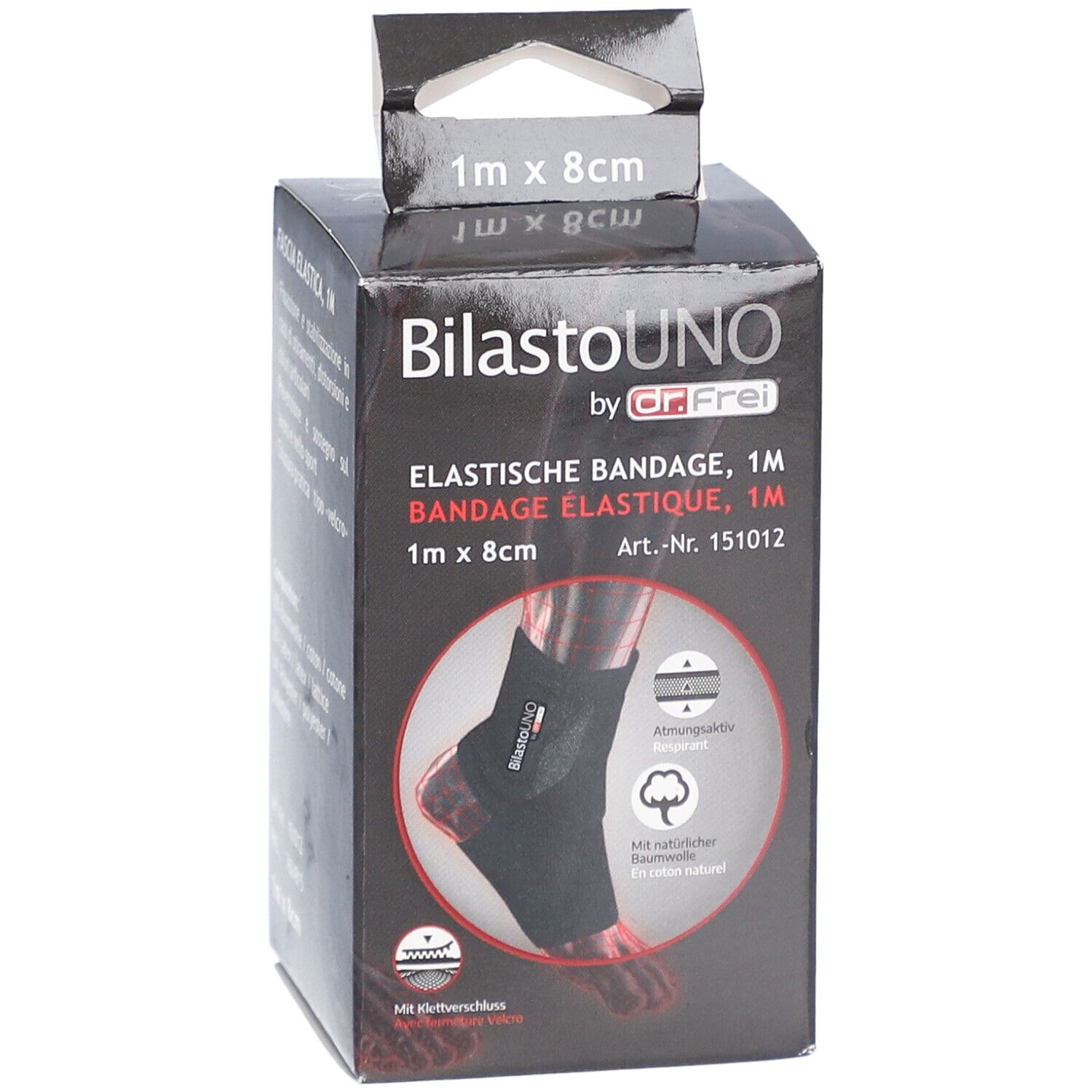 Boîte noire avec logo BilastoUNO et image du produit. Texte: Bandage élastique, 1m x 8cm. Fermeture velcro. Illustration d'un pied avec bandage.