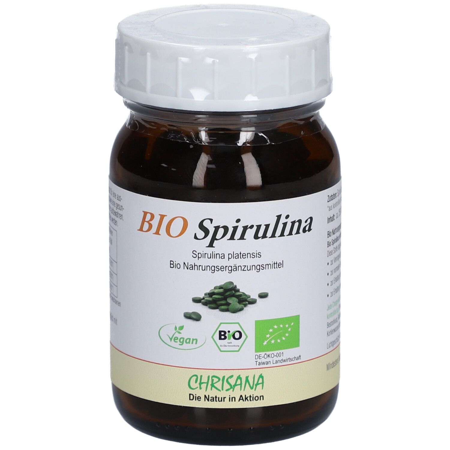 Braune Glasflasche mit weißem Deckel. Aufschrift: BIO Spirulina, Spirulina platensis. Vegan-Siegel. Chrisana Logo.