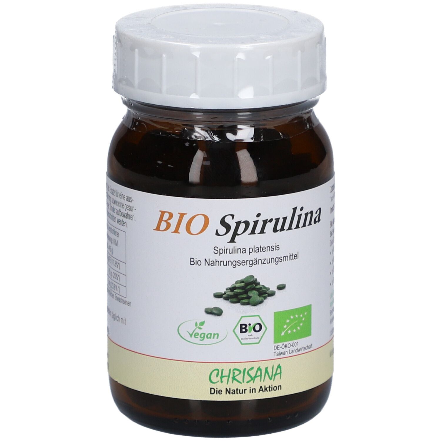 Braune Glasflasche mit weißem Deckel. Aufschrift: BIO Spirulina, Spirulina platensis. Vegan-Siegel. Chrisana Logo. Bio-Siegel.