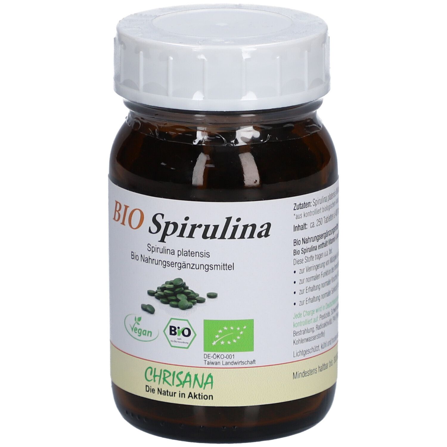 Braune Glasflasche mit weißem Deckel. Aufschrift: BIO Spirulina, Spirulina platensis. Vegan-Siegel. Chrisana Logo. Bio-Siegel.