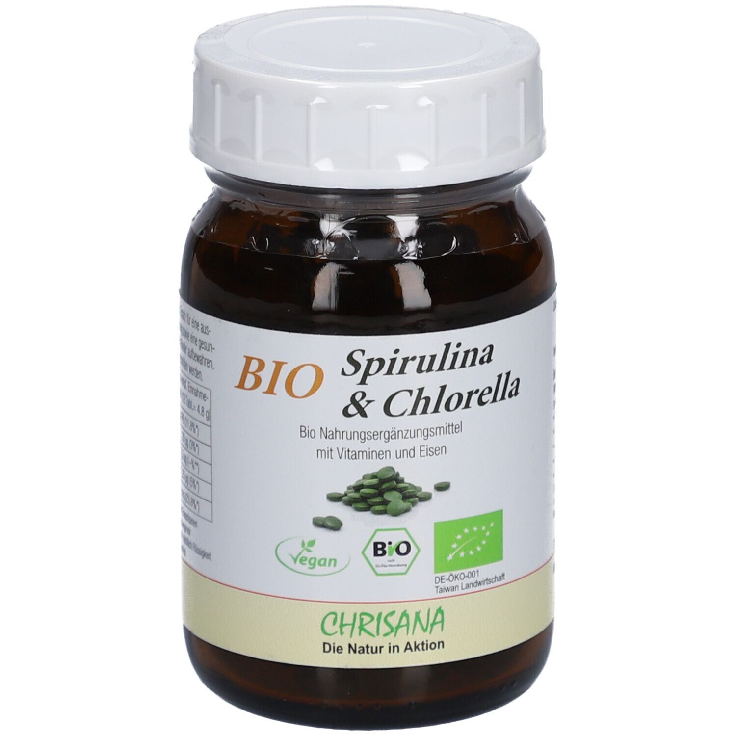 Braune Glasflasche mit weißem Deckel. Etikett mit "BIO Spirulina & Chlorella". Grüne Tabletten sichtbar. Vegan-Siegel.
