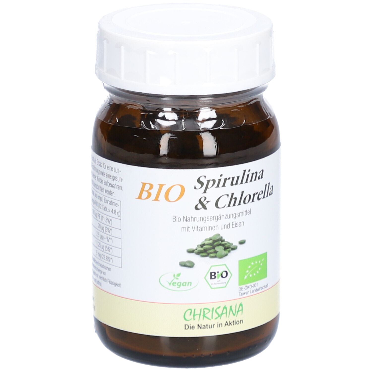Braune Glasflasche mit weißem Deckel. Etikett mit "BIO Spirulina & Chlorella". Grüne Tabletten sichtbar. Vegan-Siegel.