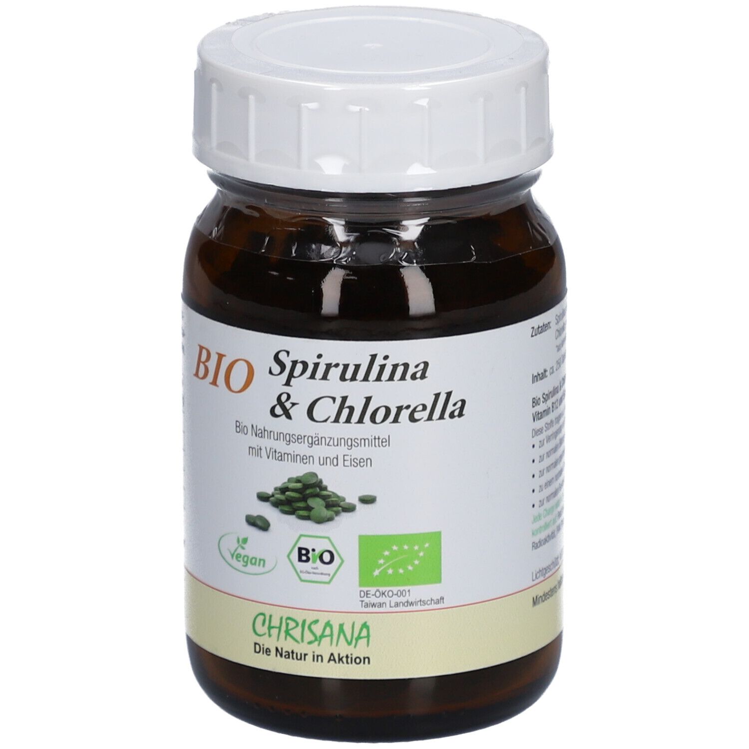 Braune Glasflasche mit weißem Deckel. Etikett mit "BIO Spirulina & Chlorella". Grüne Tabletten sichtbar. Vegan-Siegel.