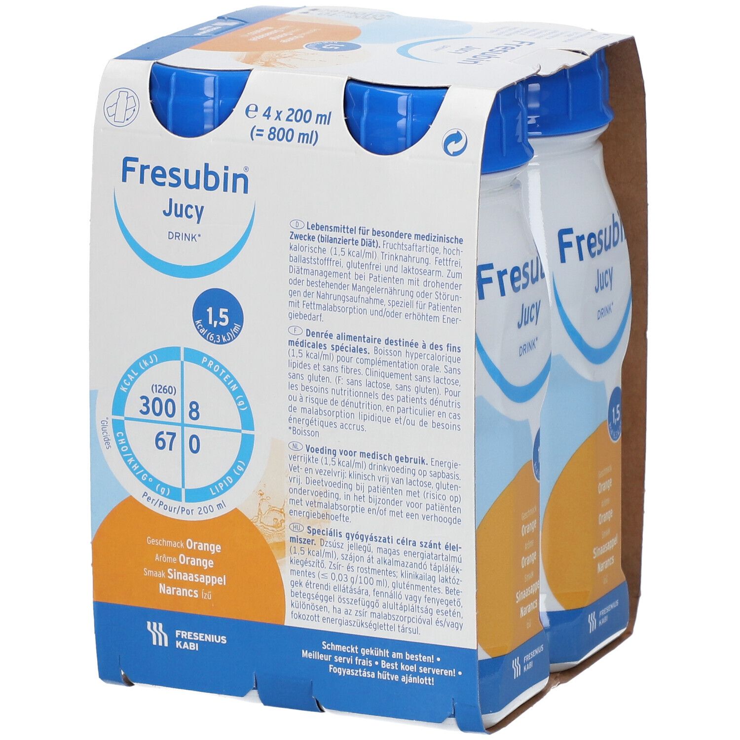 Packung mit vier Flaschen FRESUBIN® Saftiges Getränk Orange. Jede Flasche hat einen blauen Deckel und weißes Etikett.