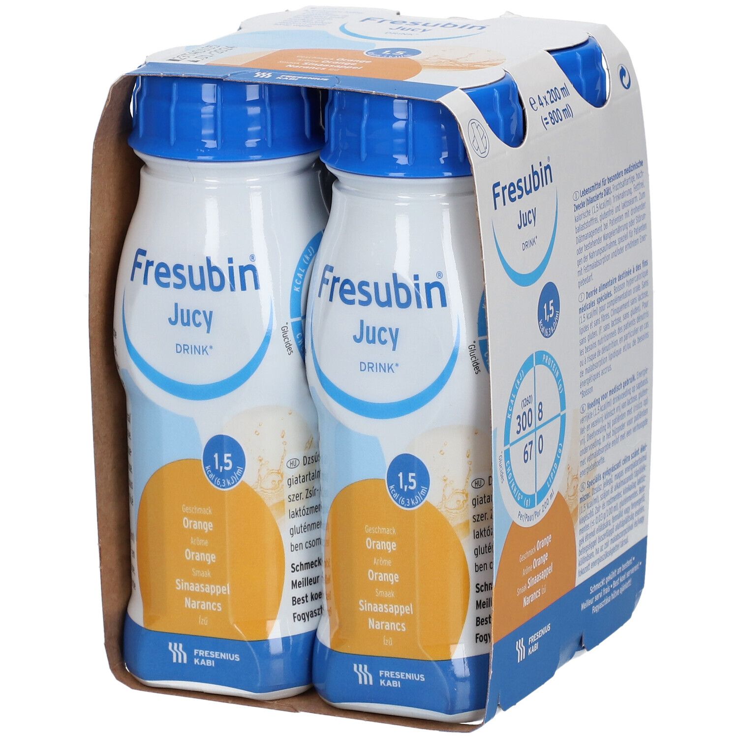 Packung mit zwei Flaschen FRESUBIN® Saftiges Getränk Orange. Blaue Deckel, weiße Etiketten mit Produktinformationen.