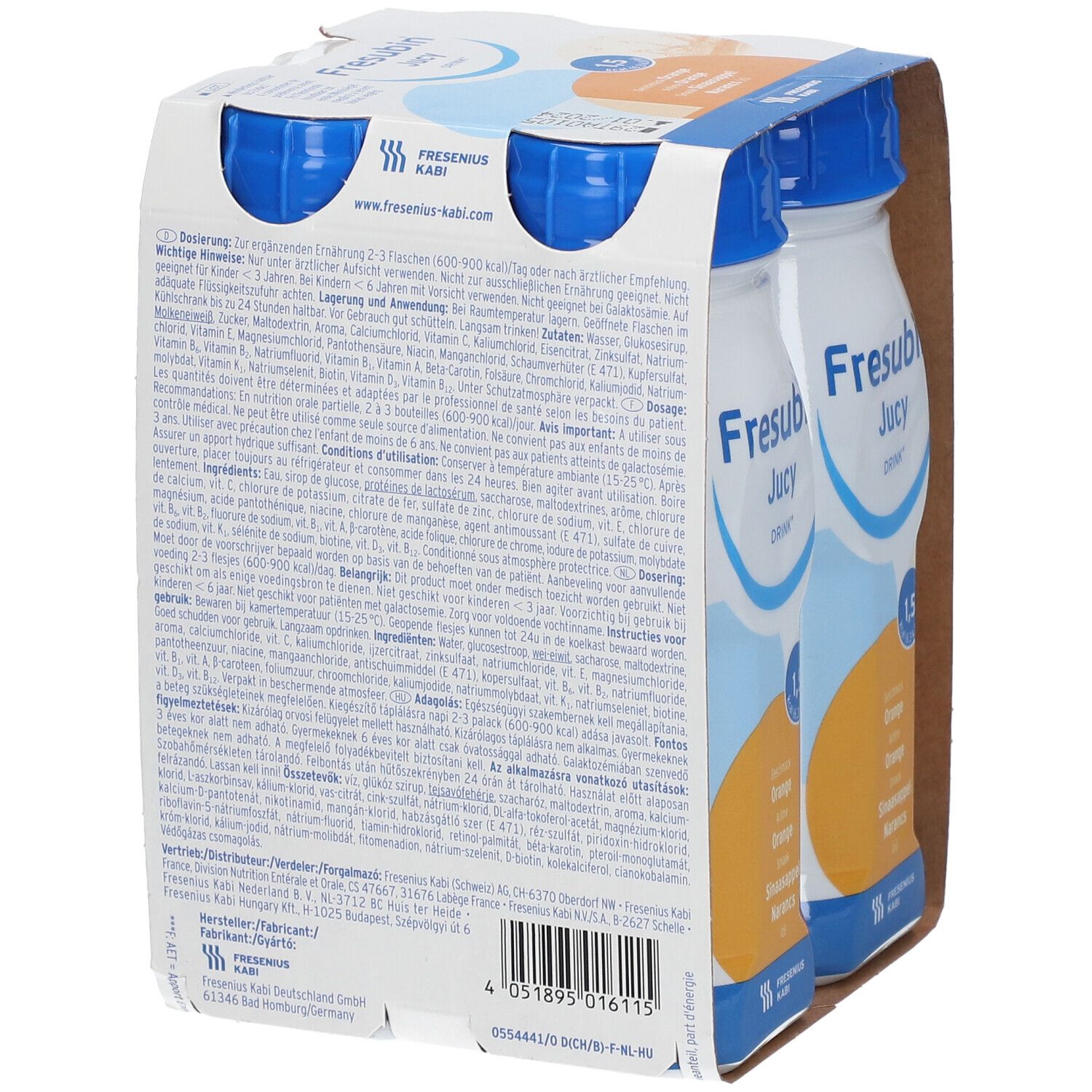 Rückseite der FRESUBIN® Saftiges Getränk Orange Verpackung. Text in mehreren Sprachen, Nährwertangaben und Herstellerinformationen.