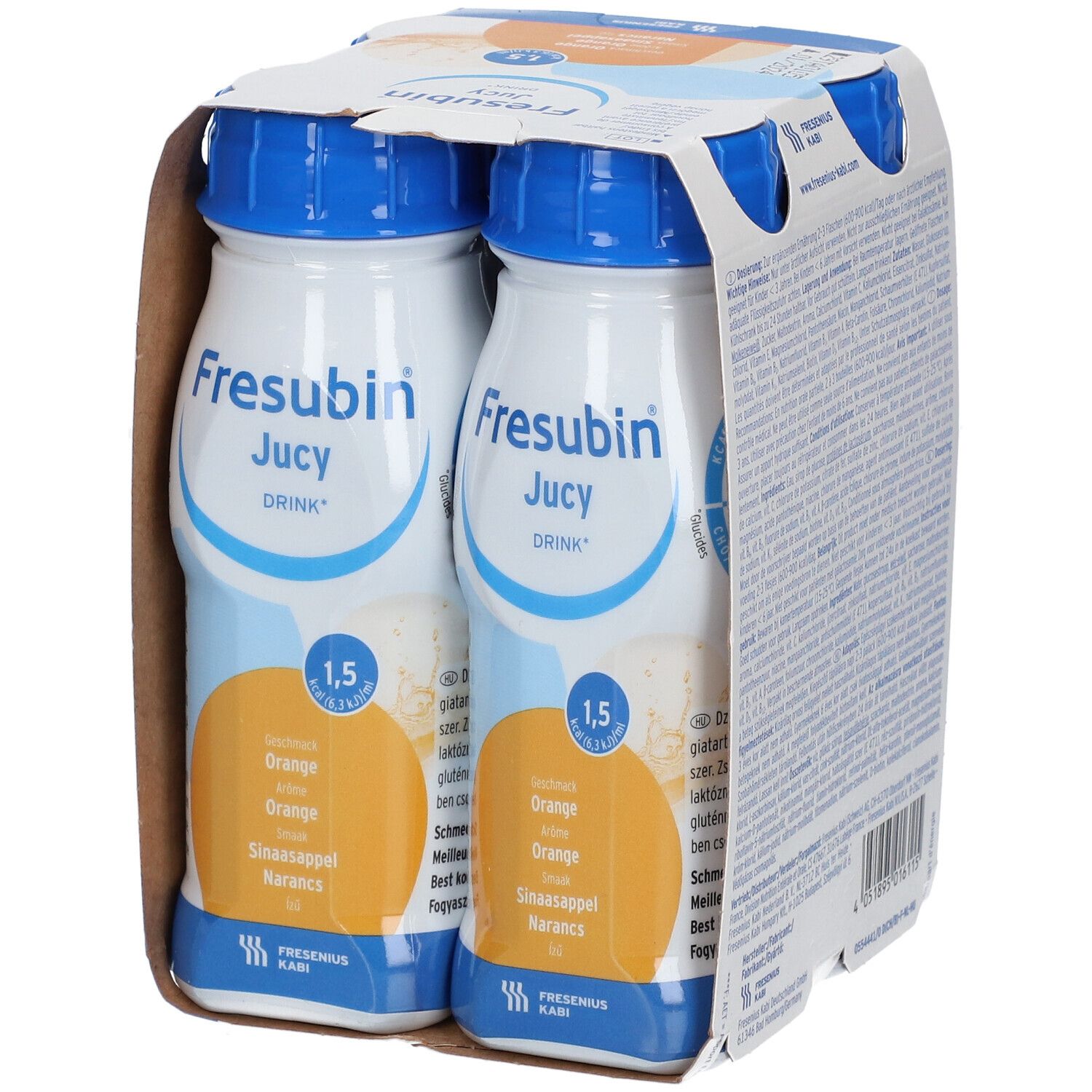 Zwei Flaschen FRESUBIN® Saftiges Getränk Orange in einer Verpackung. Blaue Deckel, weiße Etiketten mit Produktinformationen.