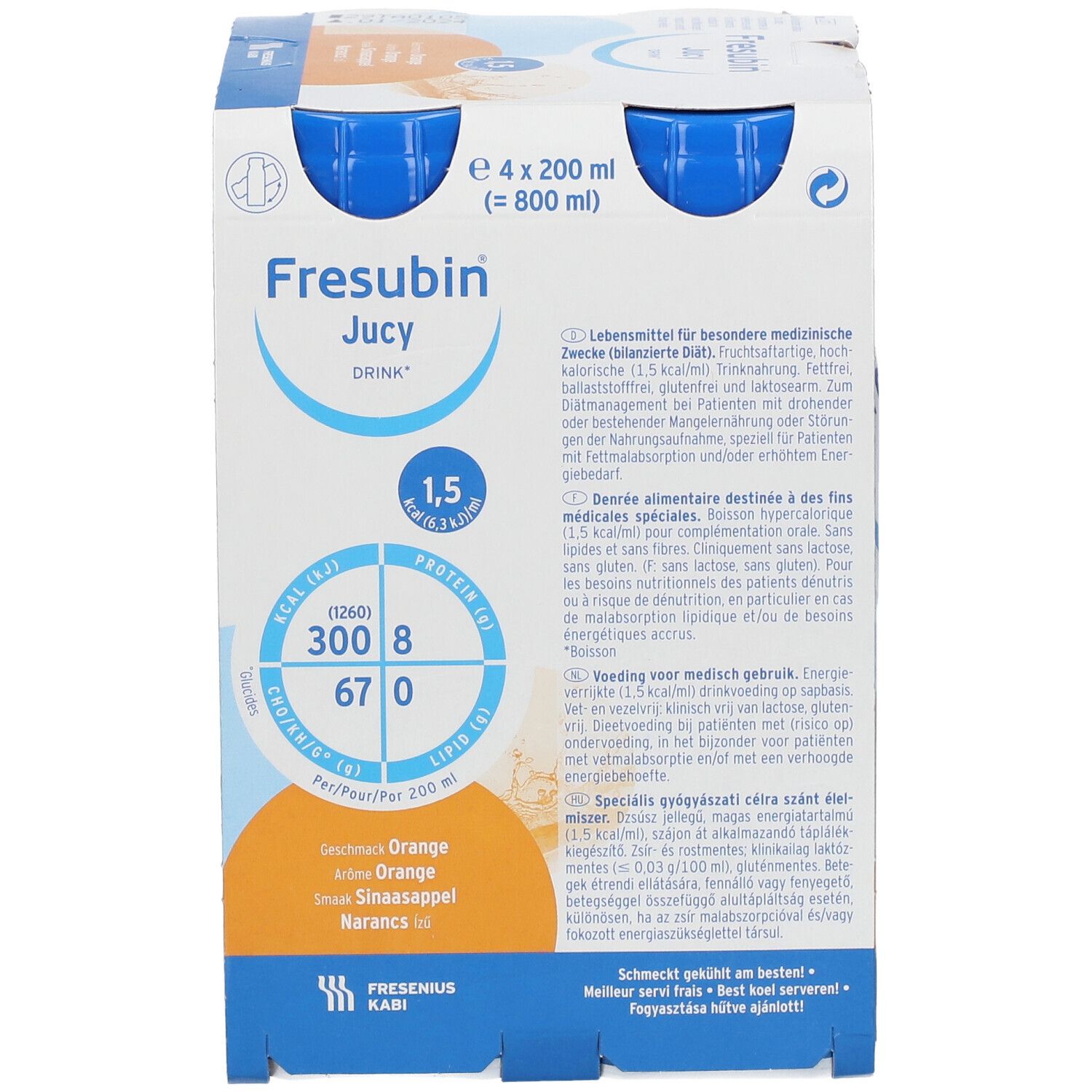 Verpackung mit vier Flaschen FRESUBIN® Saftiges Getränk Orange. Weiße Etiketten, blaue Deckel, Nährwertangaben.