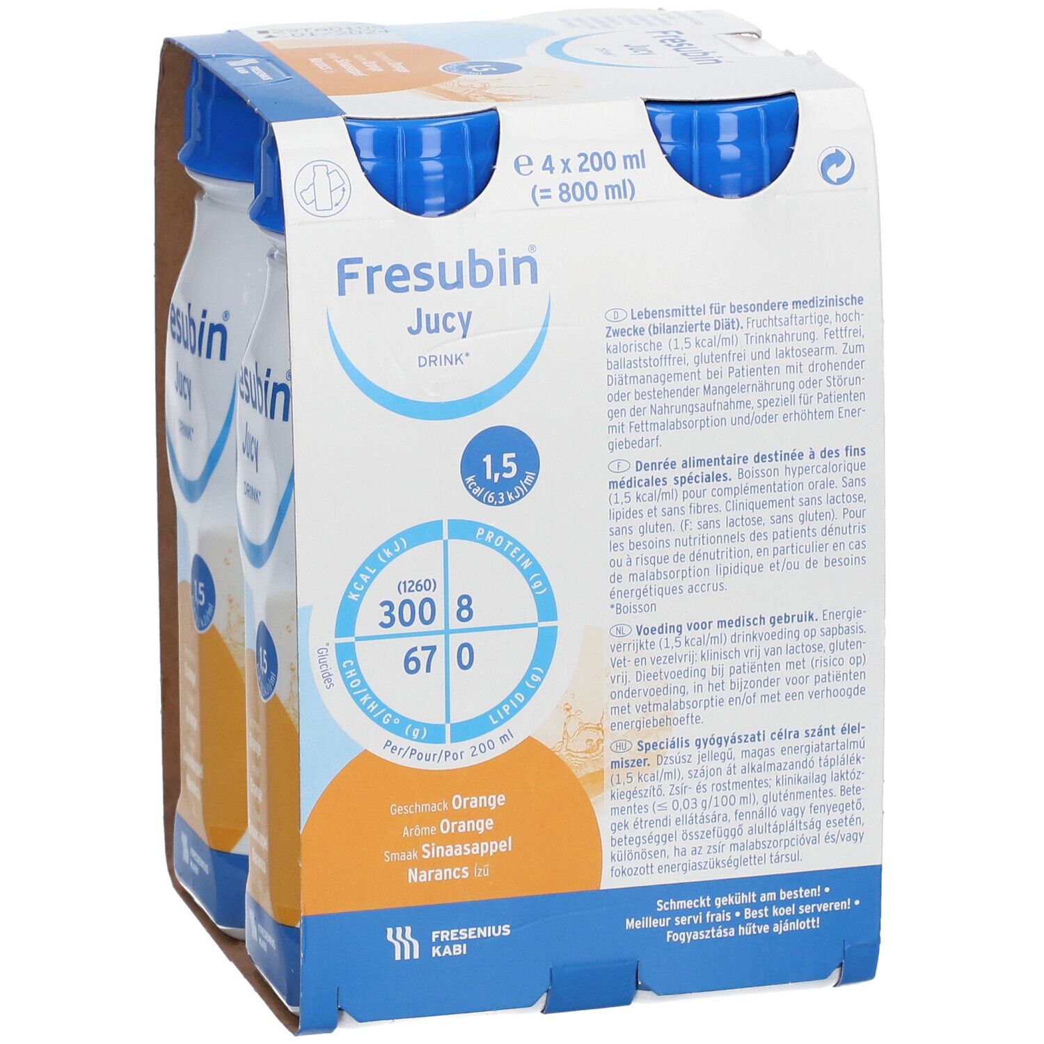Packung mit vier Flaschen FRESUBIN® Saftiges Getränk Orange. Blaue Deckel, weiße Etiketten, Nährwertangaben.