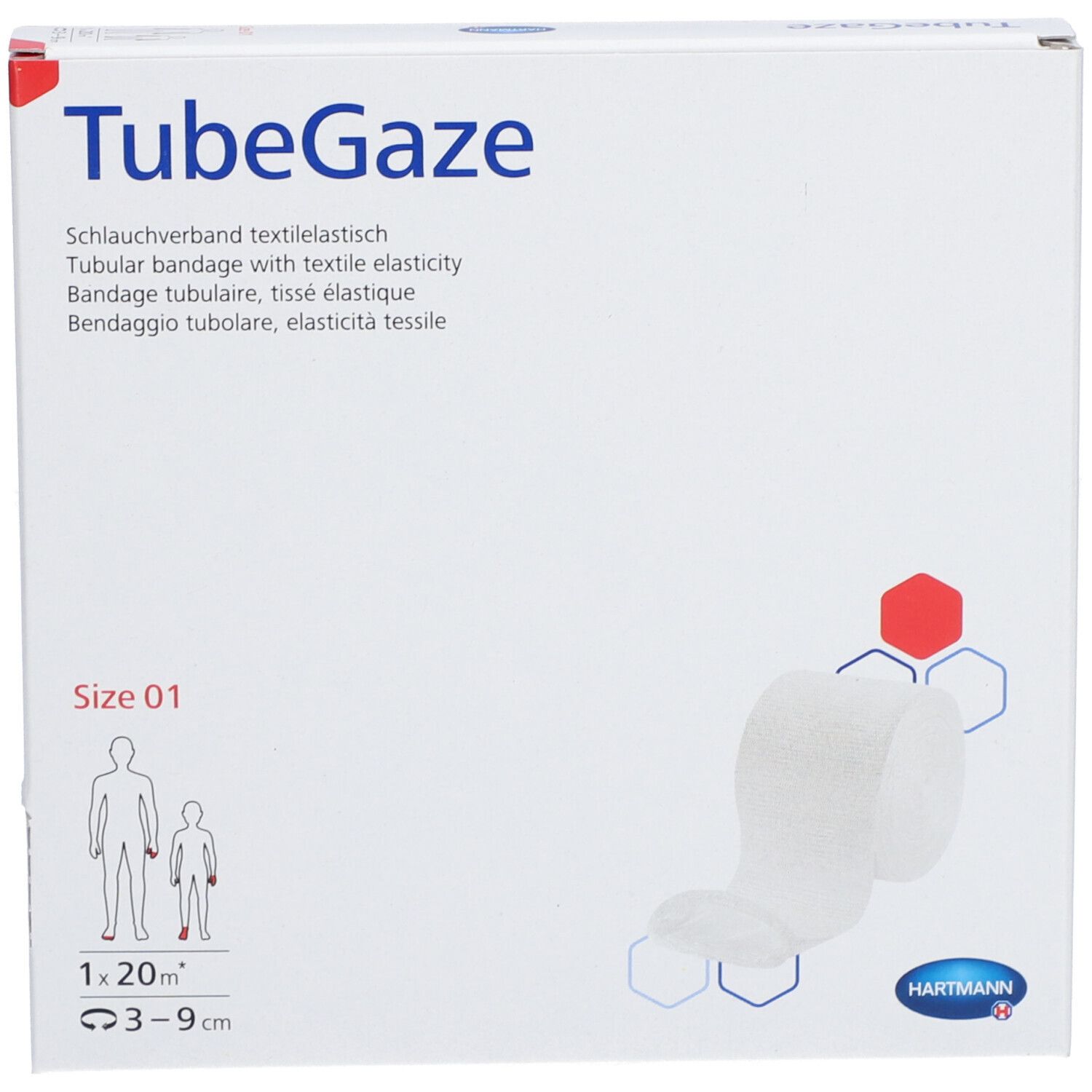Emballage blanc TubeGaze. Texte: TubeGaze, bandage tubulaire, taille 01, 1 x 20 m, 3-9 cm. Rouleau de bandage visible.